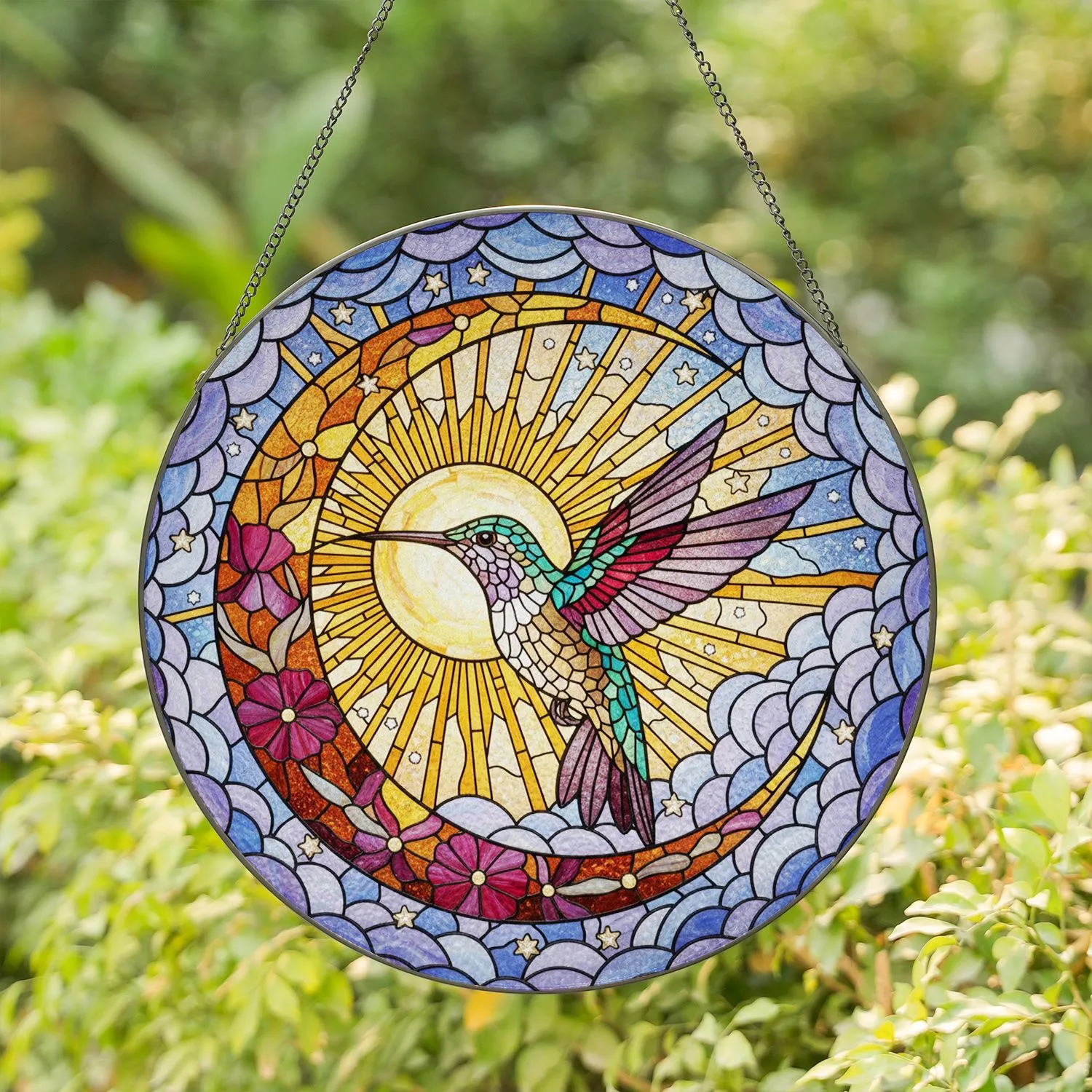 Hummingbird Crescent Moon Sunburst Floral Sky - Wildlife Home Decor Gift for Hummingbird Lover Stained Glass Suncatcher - 1