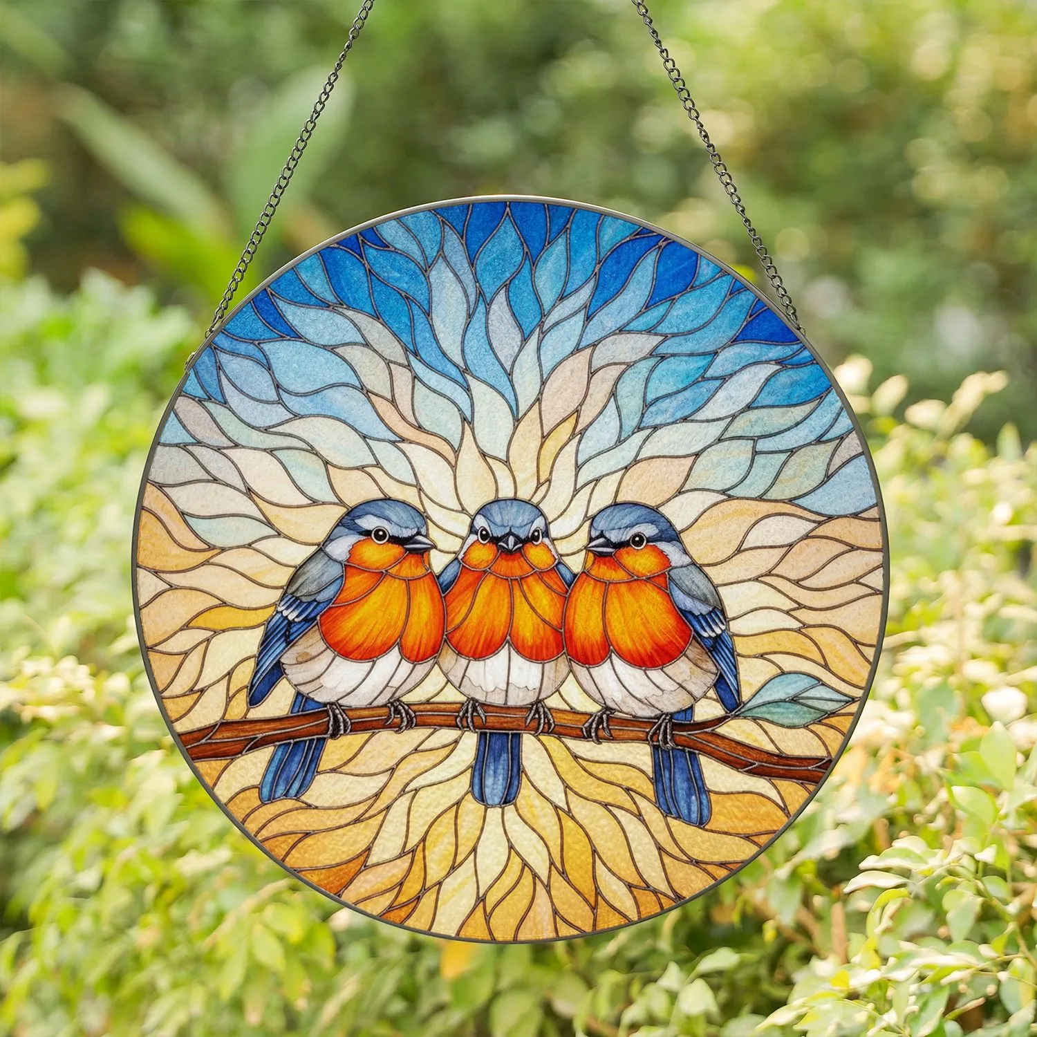 Colorful Songbirds Branch Tiffany Glass Sky - Wildlife Lover Home Decor Gift Stained Glass Suncatcher - 1