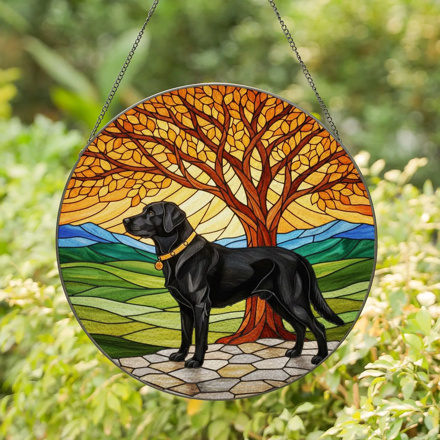 Black Labrador Retriever Stained Glass Autumn - Dog Lover Home Decor Gift Stained Glass Suncatcher - 1