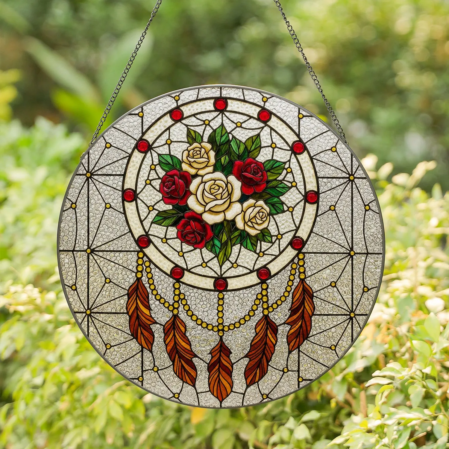 Stained Glass Dreamcatcher Rose Bouquet Feathers Beaded Strands Ruby Cabochons Home Decor Gift Stained Glass Suncatcher - 1