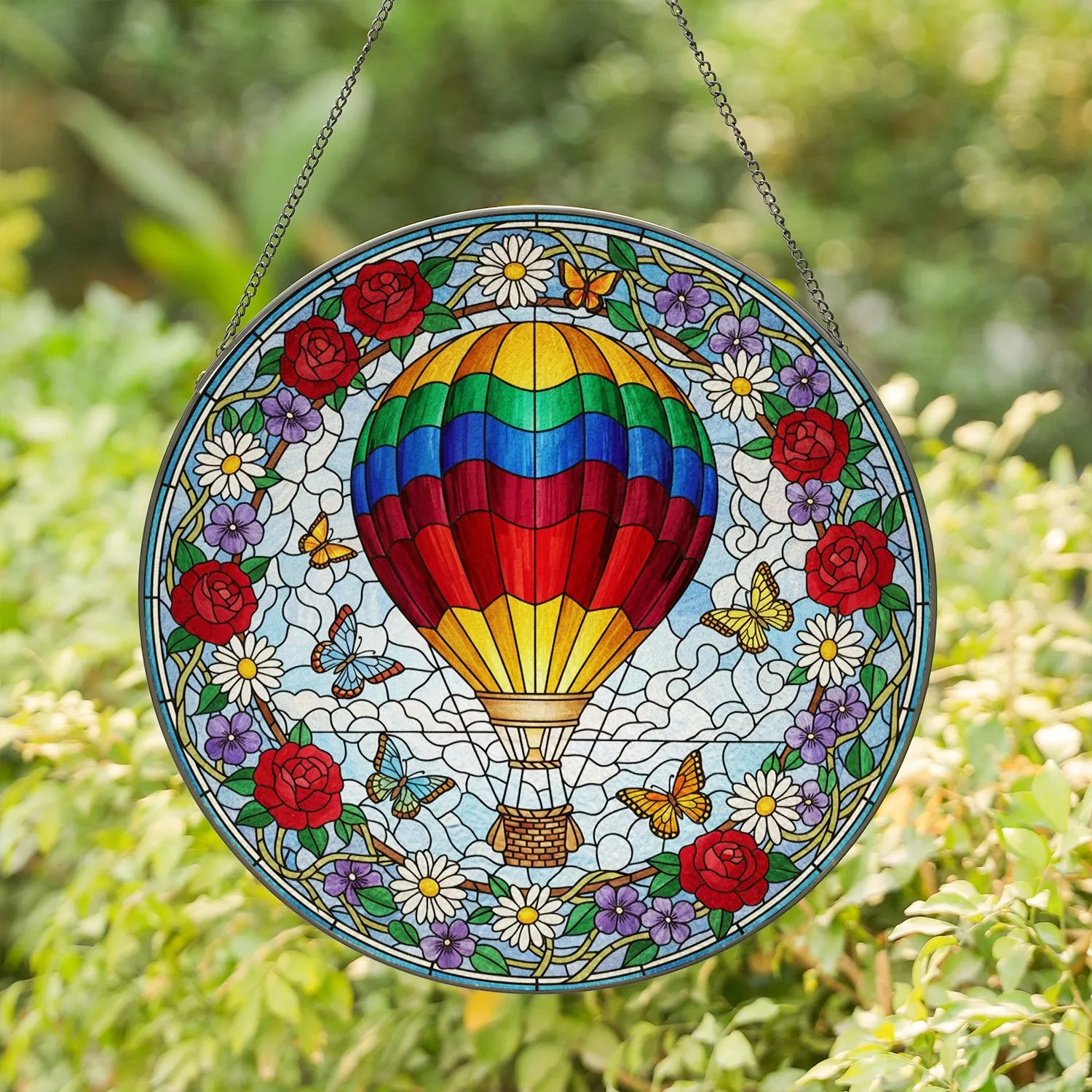 Hot Air Balloon Rose Daisy Butterfly Sky Clouds - Home Decor Gift Stained Glass Suncatcher - 1