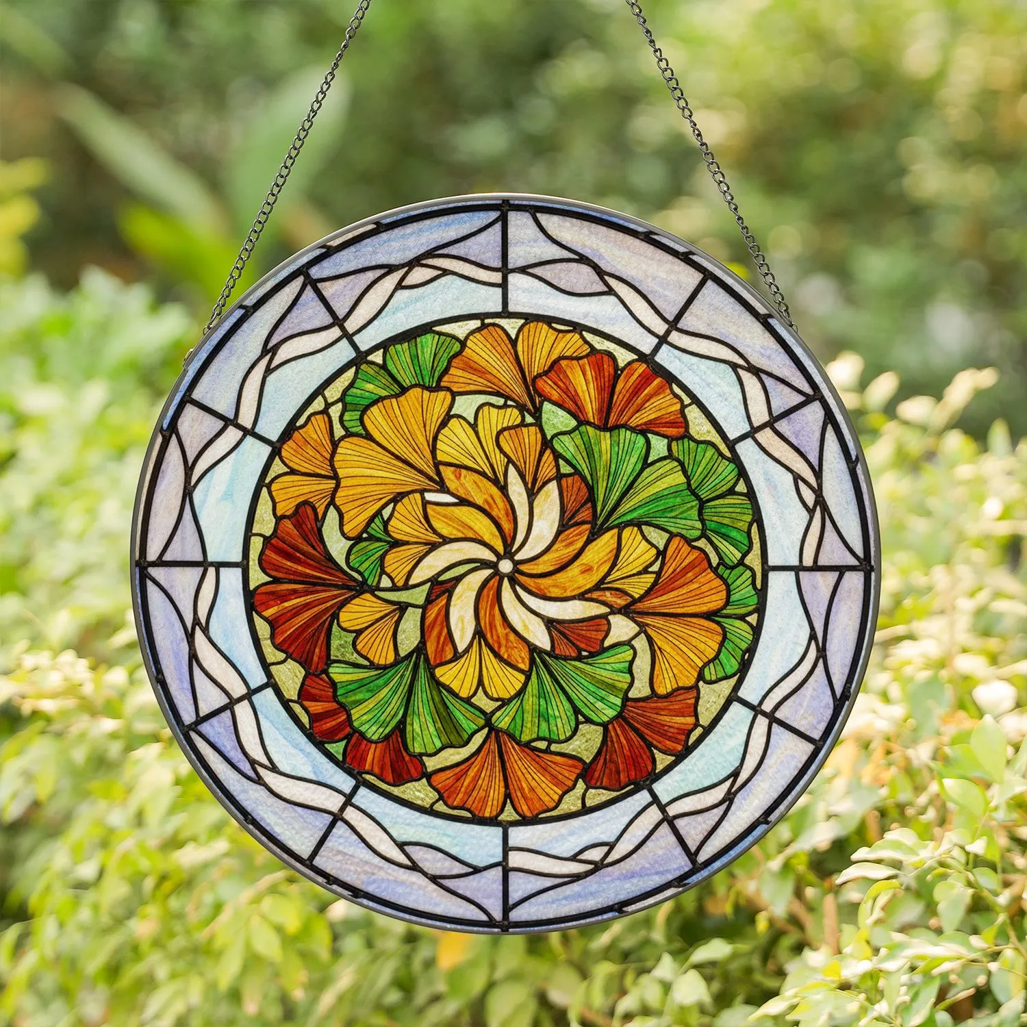 Circular Ginkgo Biloba Tiffany Stained Glass Sky Clouds Home Decor Nature Lover Gift Stained Glass Suncatcher - 1