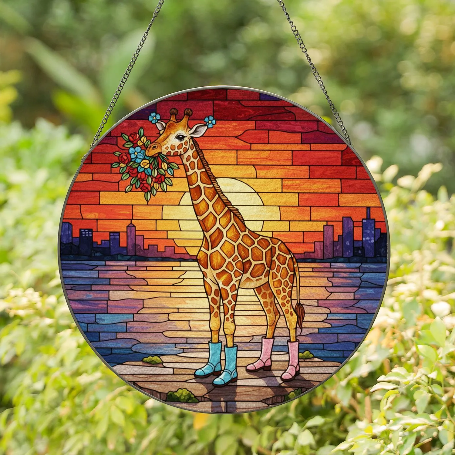 Stained Glass Giraffe Rain Boots Flowers Sunset - Wildlife Home Decor Gift Stained Glass Suncatcher - 1