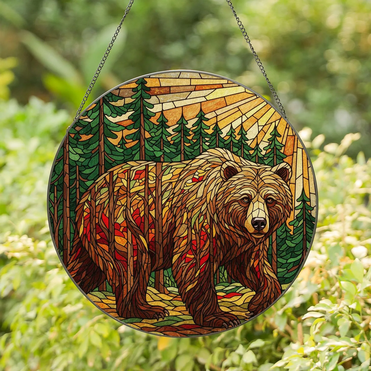 Grizzly Bear Stained Glass Sunset Forest - Wildlife Lover Home Decor Gift Stained Glass Suncatcher - 1