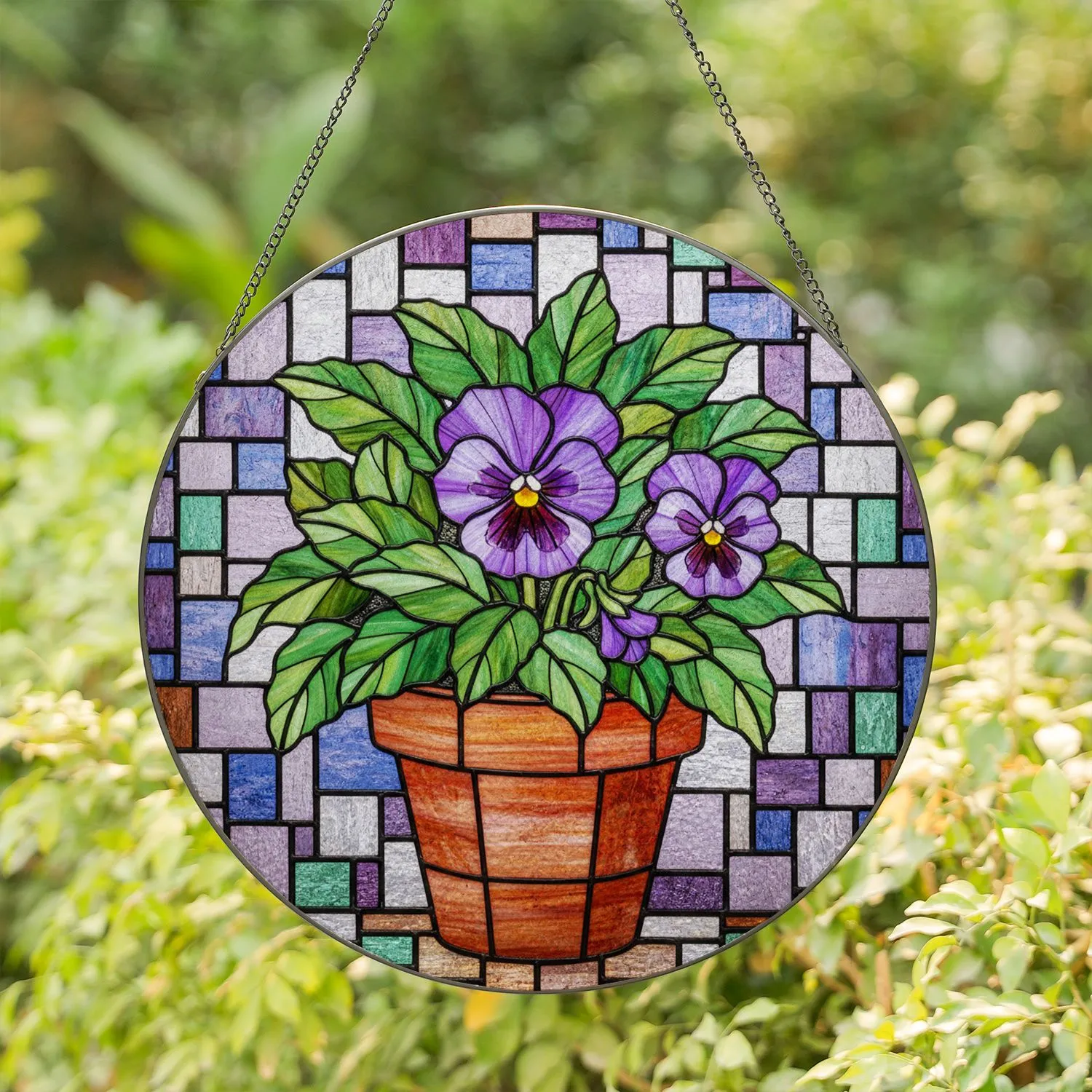 Purple Pansy Flowers Terracotta Pot Green Leaves - Home Decor Gift Stained Glass Suncatcher - 1