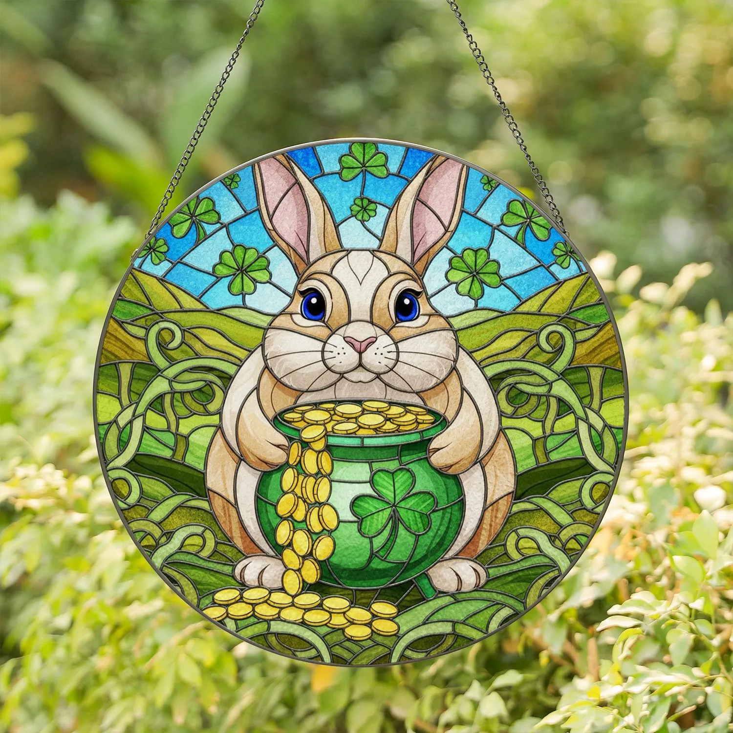 Bunny Golden Cauldron Shamrocks Clover - St. Patrick's Day Gift for Luck Lover Stained Glass Suncatcher - 1