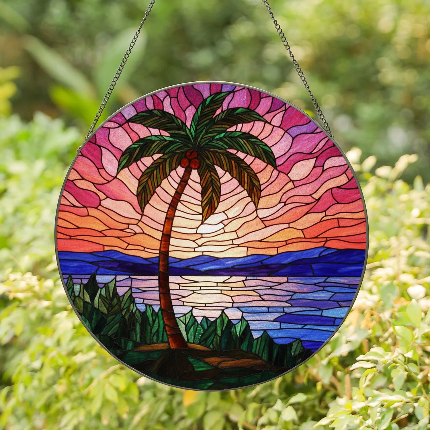 Jewel Tone Palm Tree Sunset Sky Ocean Hills Geometric Structures Home Decor Gift Stained Glass Suncatcher - 1
