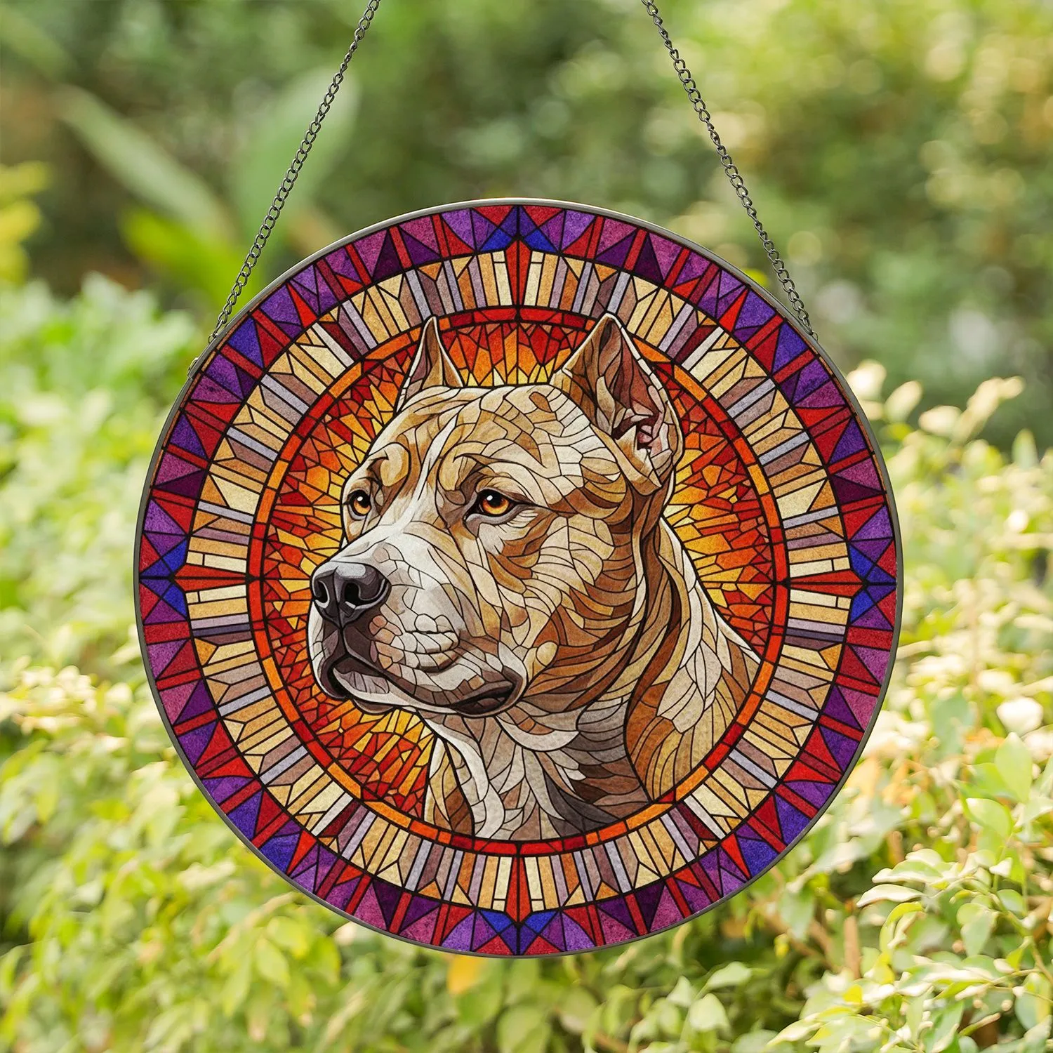 Textured Resolute Pitbull Dog Head Stained Glass Sunburst - Home Decor Gift for Any Dog Lover Stained Glass Suncatcher - 1