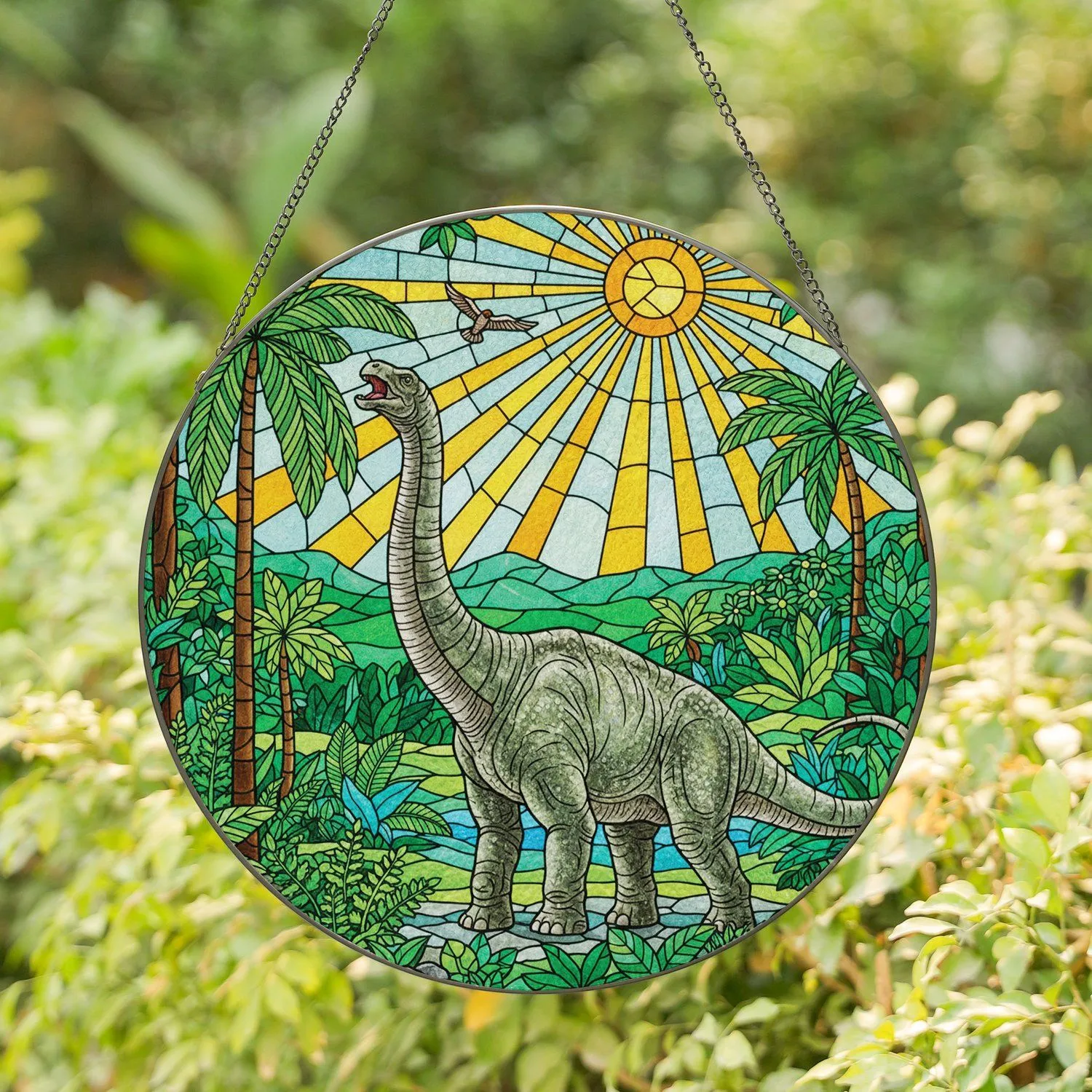 Sauropod Dinosaur Prehistoric Jungle Radiating Sun - Home Decor Gift for Dinosaur Fan Stained Glass Suncatcher - 1