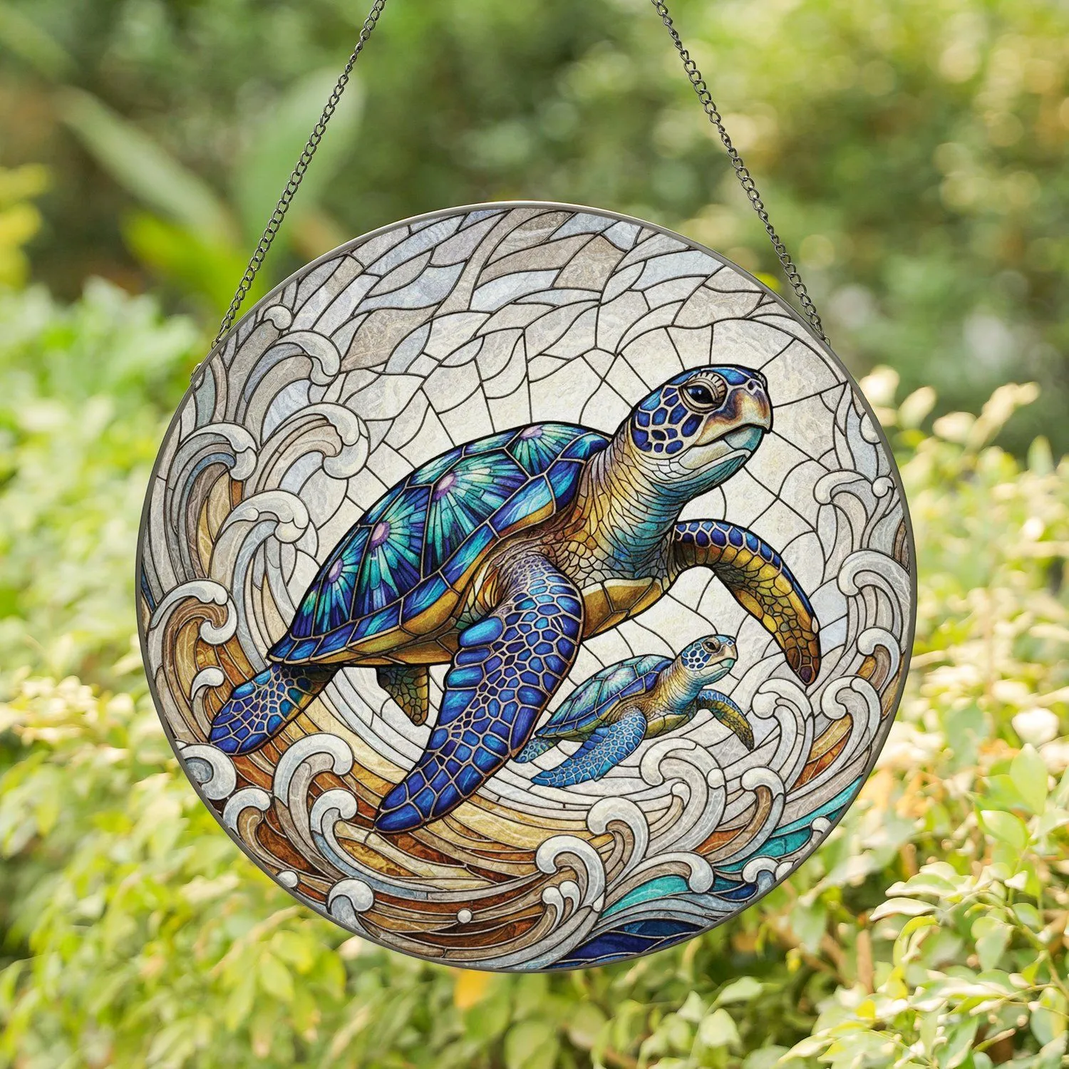Tiffany Iridescent Stained Glass Sea Turtle Pair - Ocean Wildlife Home Decor Gift Stained Glass Suncatcher - 1