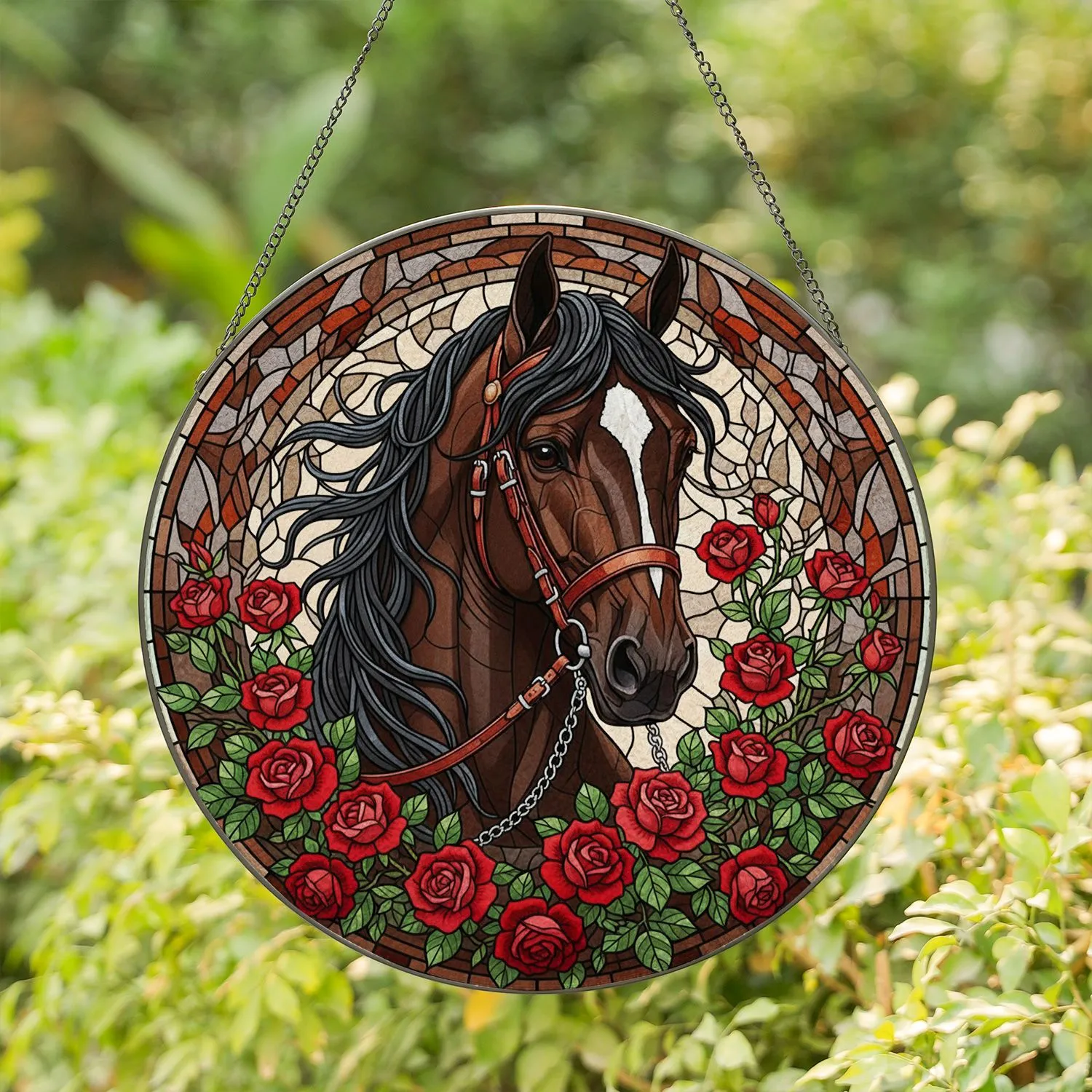 Dark Bay Horse White Blaze Red Roses Stained Glass - Horse Lover Home Decor Gift Stained Glass Suncatcher - 1