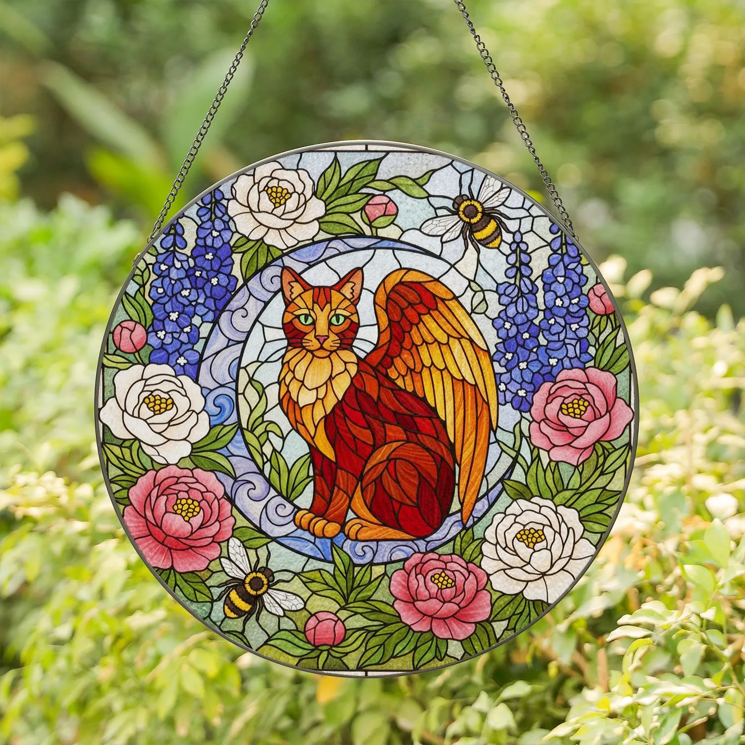 Winged Cat Crescent Moon Honeybees Peonies Delphiniums Garden - Home Decor Gift Cat Lover Stained Glass Suncatcher - 1