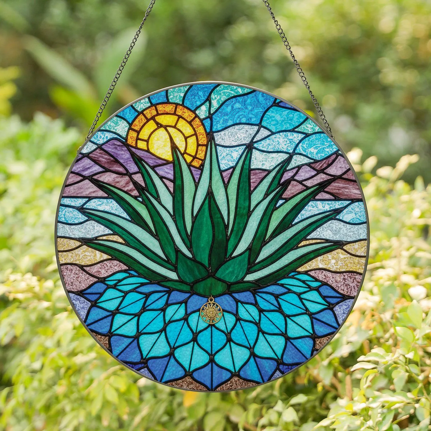 Agave Plant Golden Charm Rosette Desert Landscape Mountains Radiant Sun - Home Decor Gift Stained Glass Suncatcher - 1