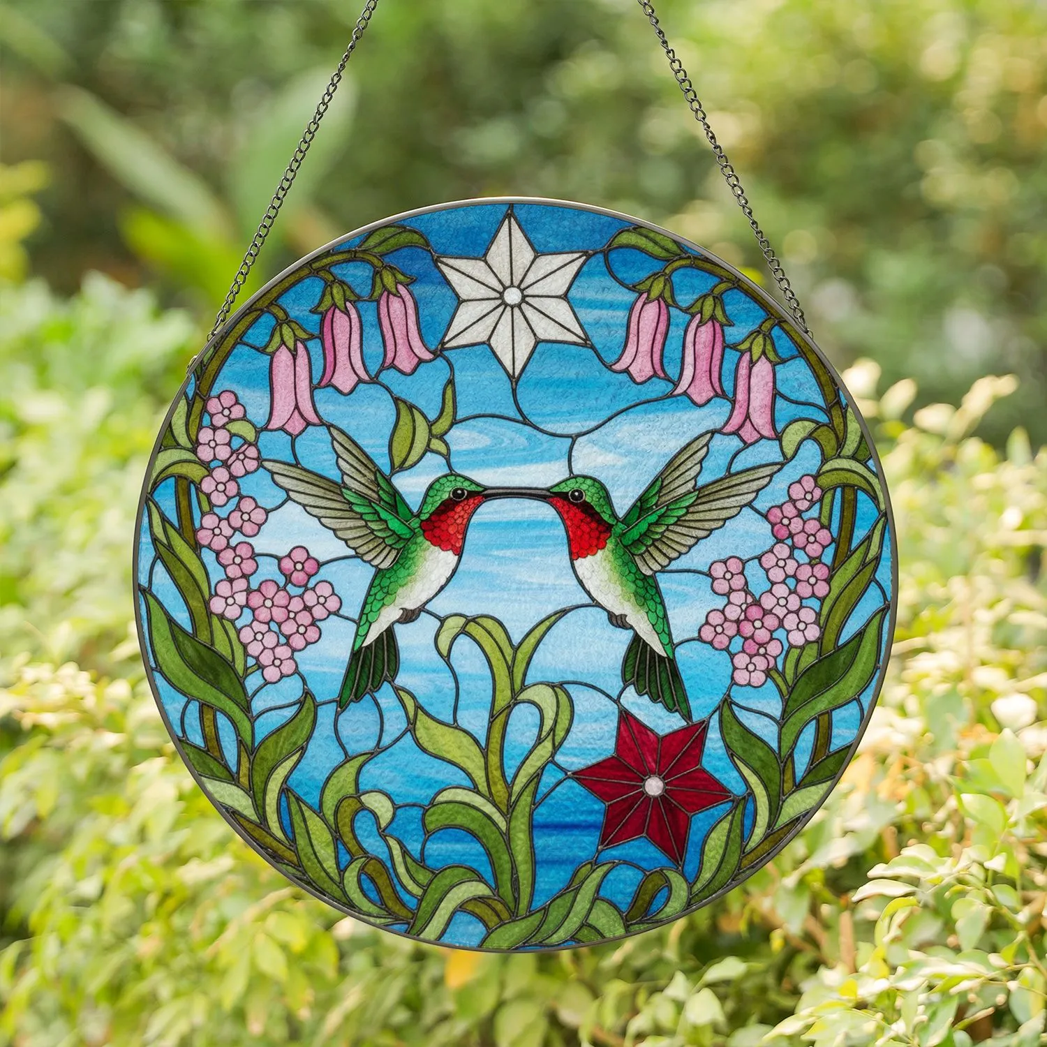 Hummingbird Floral Garden Blue Sky - Garden Decor Wildlife Lover Gift Stained Glass Suncatcher - 1