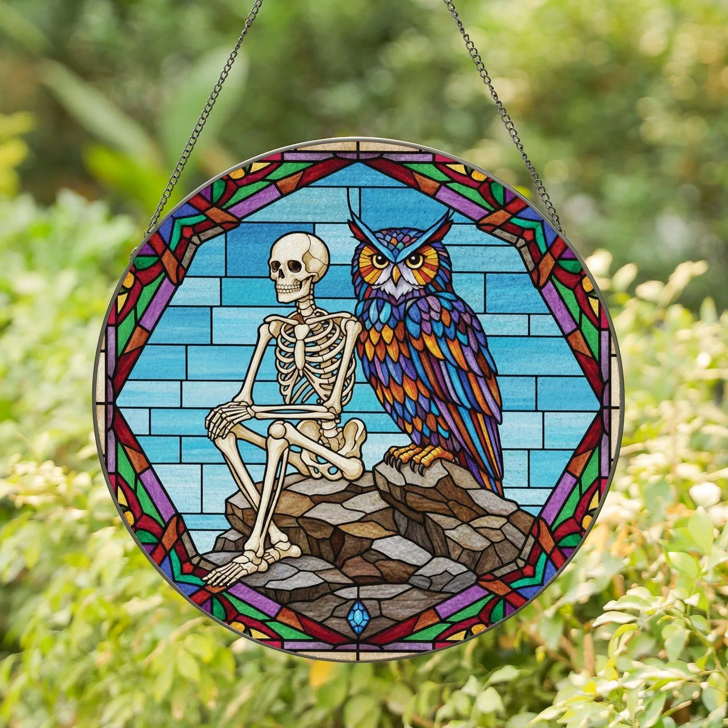 Calm Human Skeleton Owl Robust Rock Glowing Blue Jewel Sky - Home Decor Gift Stained Glass Suncatcher - 1