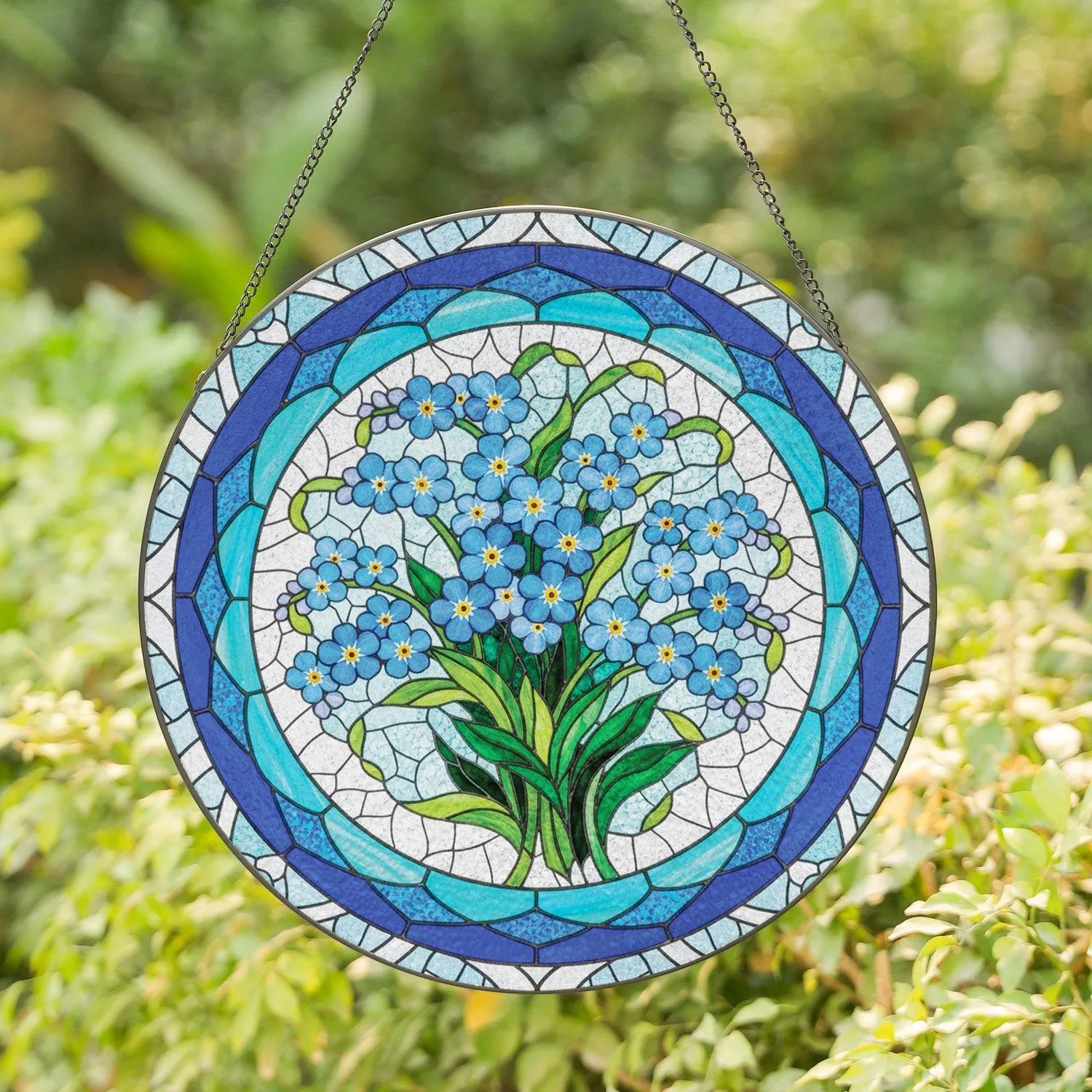 Translucent Jewel Forget-Me-Not Floral Mosaic - Home Decor Gift for Gardeners & Flower Lovers Stained Glass Suncatcher - 1