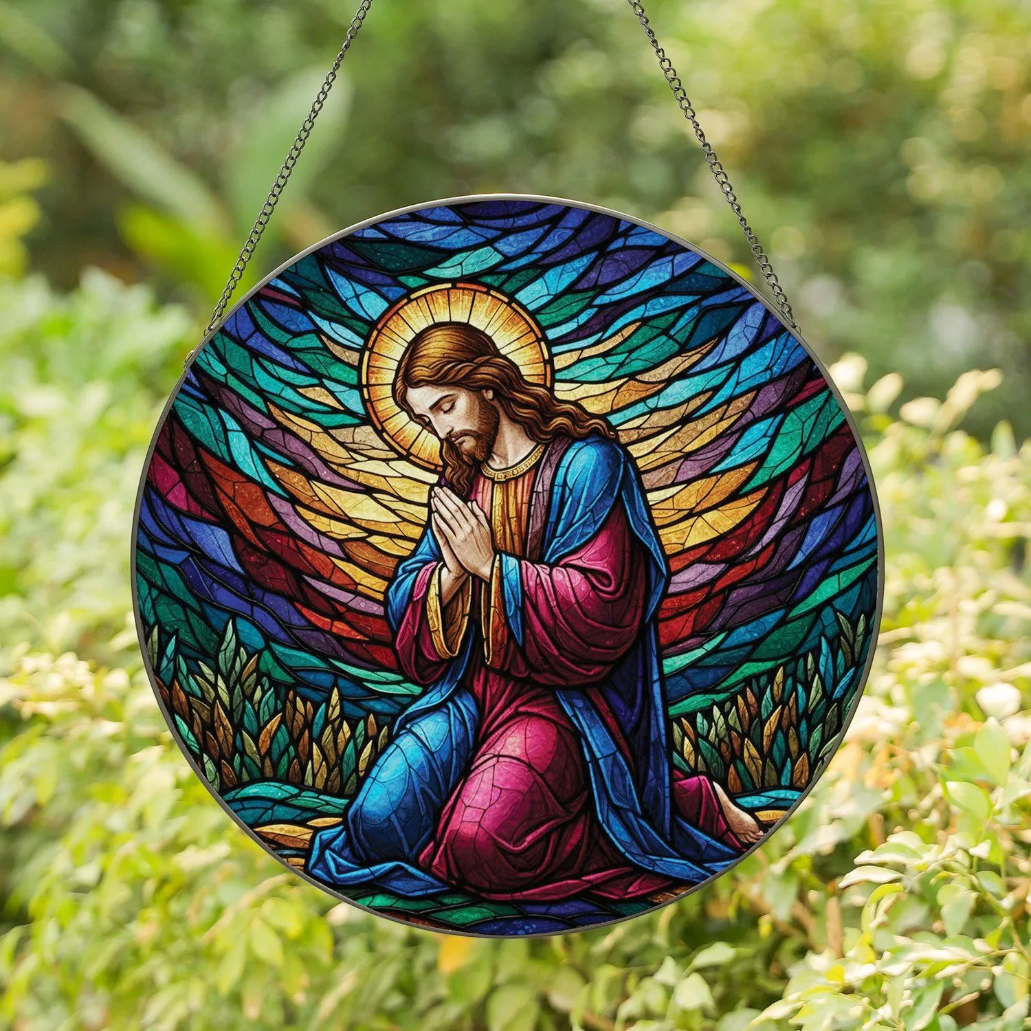 Jesus Christ Kneeling Prayer Spiritual Home Decor Gift for Faith Devotees Stained Glass Suncatcher - 1