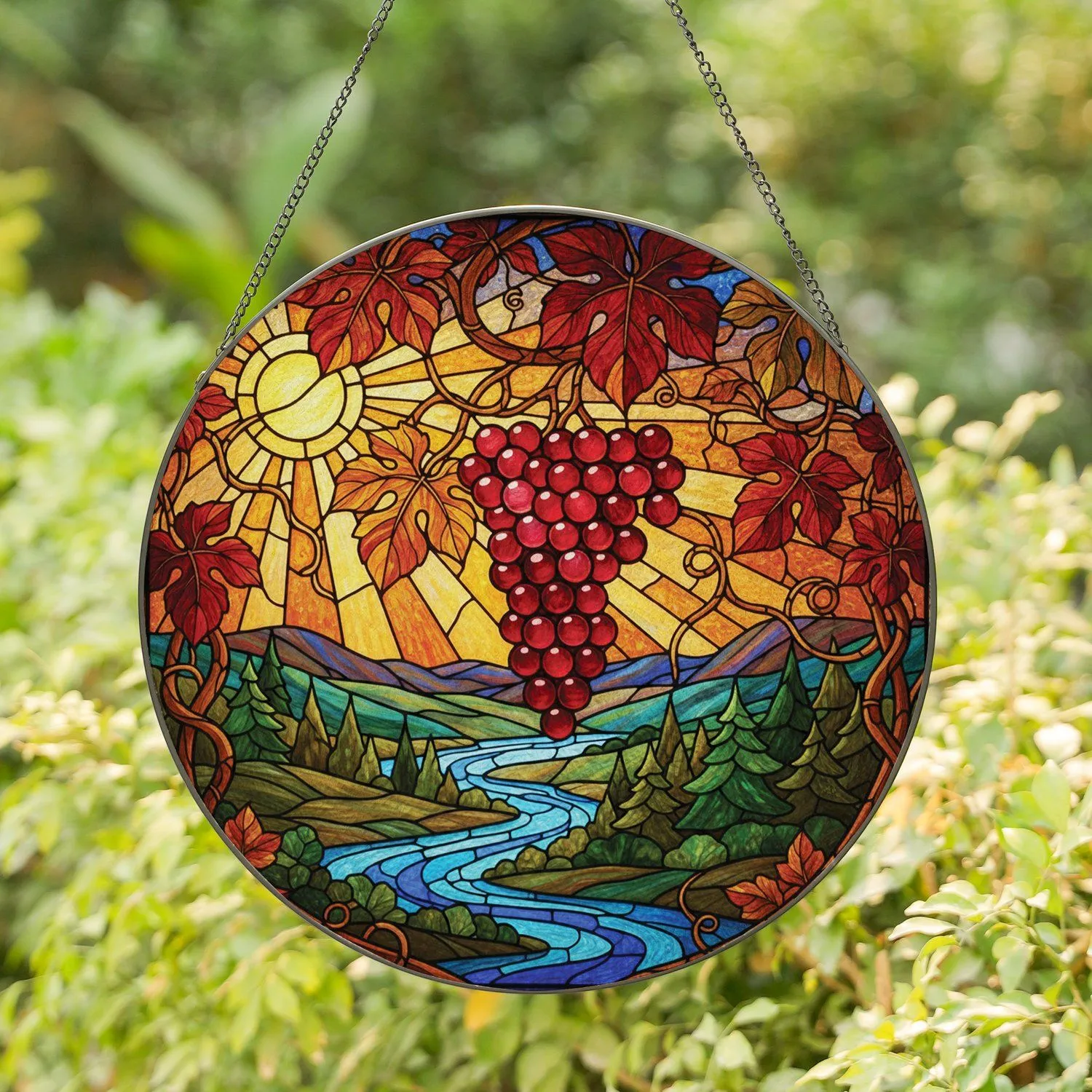 Dark Red Grapes Autumnal Leaves Setting Sun Landscape - Home Decor Gift Stained Glass Suncatcher - 1