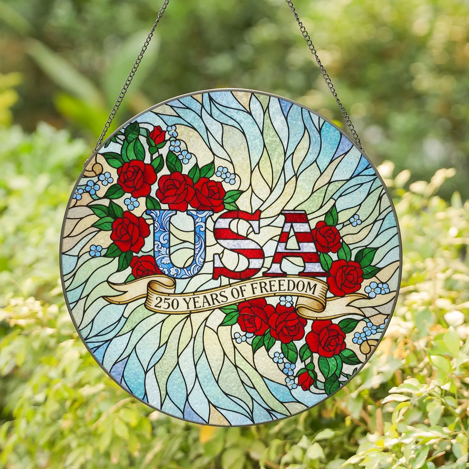 Patriotic USA 250 Years Freedom Banner Red Roses - 250th Anniversary Independence Day Gift Stained Glass Suncatcher - 1