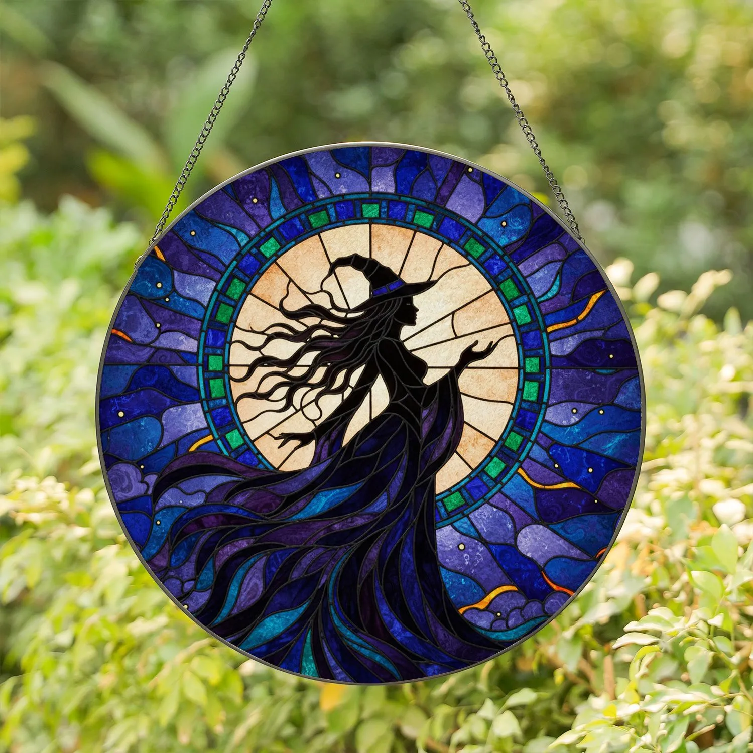 Witch Profile Full Moon Billowing Gown Mosaic Night Sky Leaded Border - Witch Lover Home Decor Gift Stained Glass Suncatcher - 1