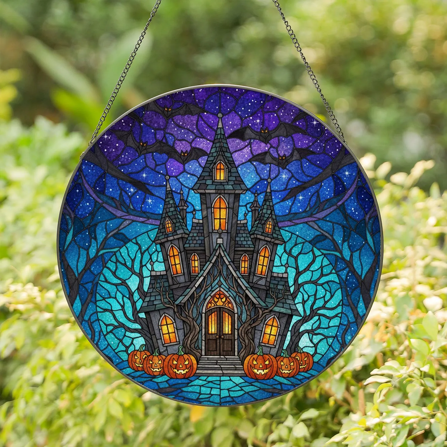 Gothic Haunted Mansion Jack-O'-Lanterns Flying Bats - Halloween Home Decor Gift Stained Glass Suncatcher - 1