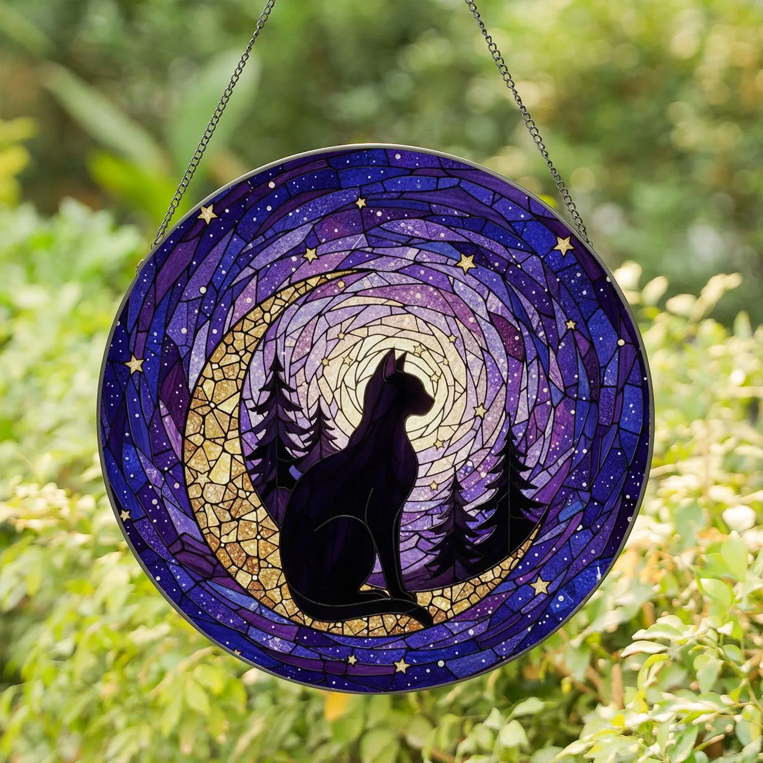 Black Cat Crescent Moon Stained Glass - Cosmic Night Sky Home Decor Gift for Cat Lover Stained Glass Suncatcher - 1