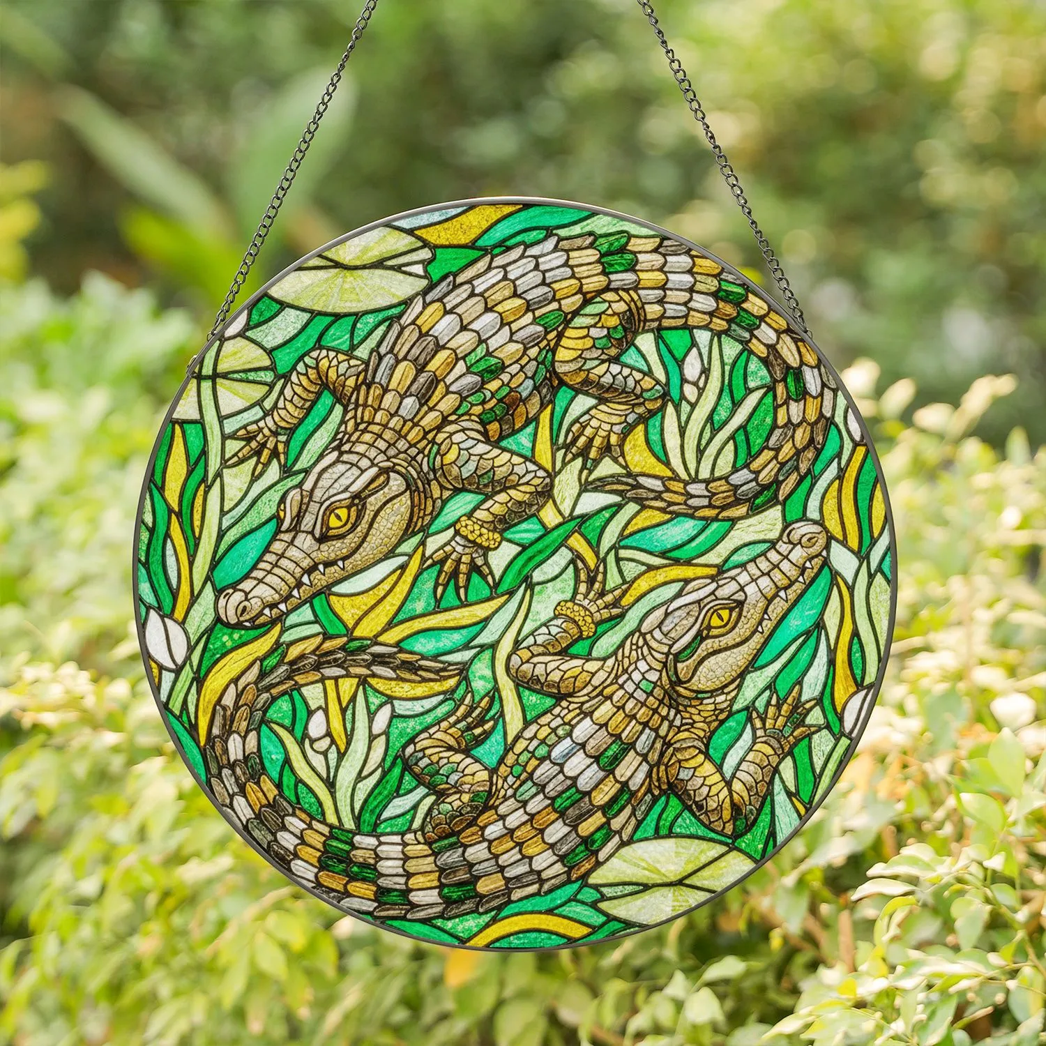 Two Alligators Wetland Mosaic - Home Decor Gift for Wildlife Lovers Stained Glass Suncatcher - 1