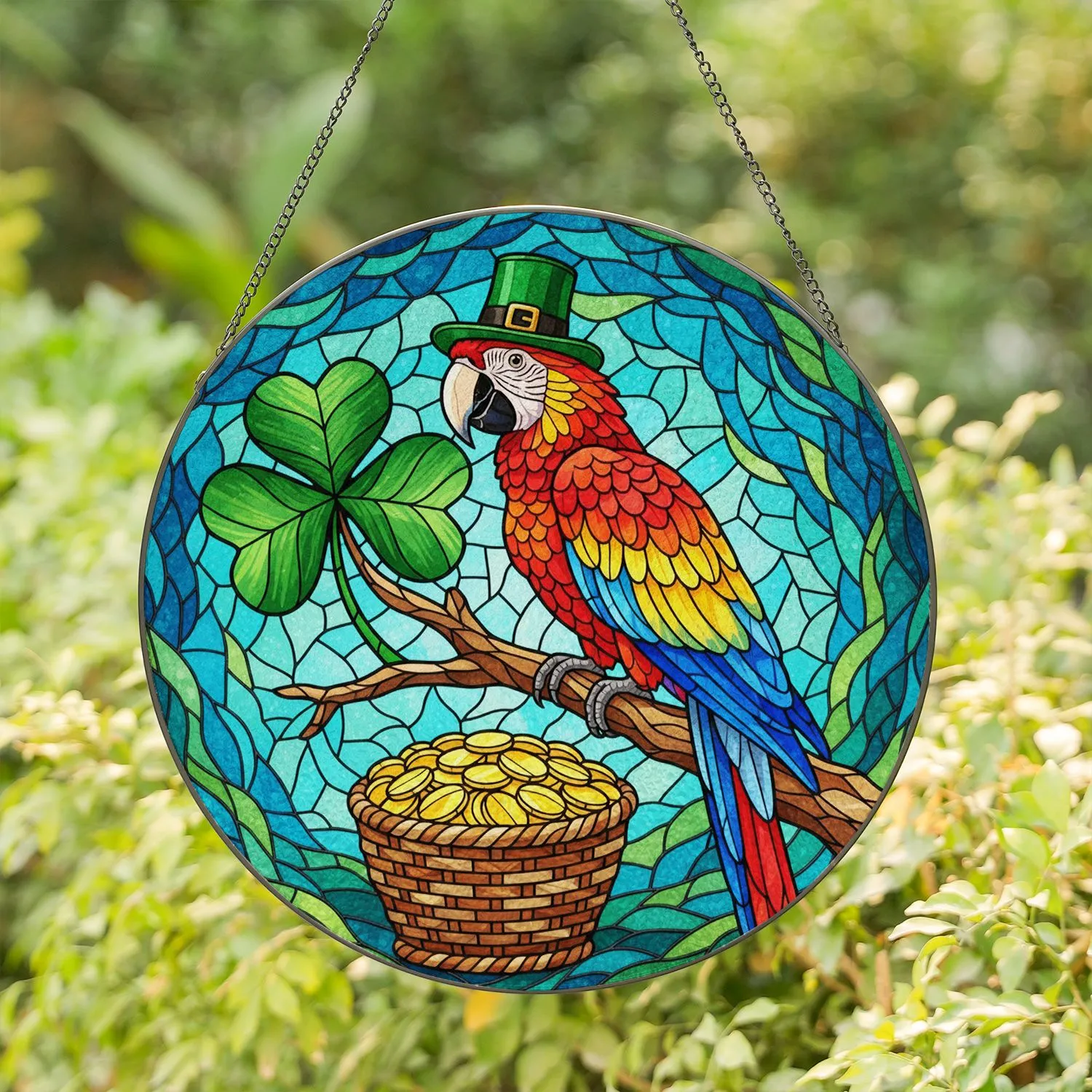 Tiffany Style Macaw Leprechaun Hat Shamrock - St. Patrick's Day Holiday Gift for Macaw Lover Stained Glass Suncatcher - 1