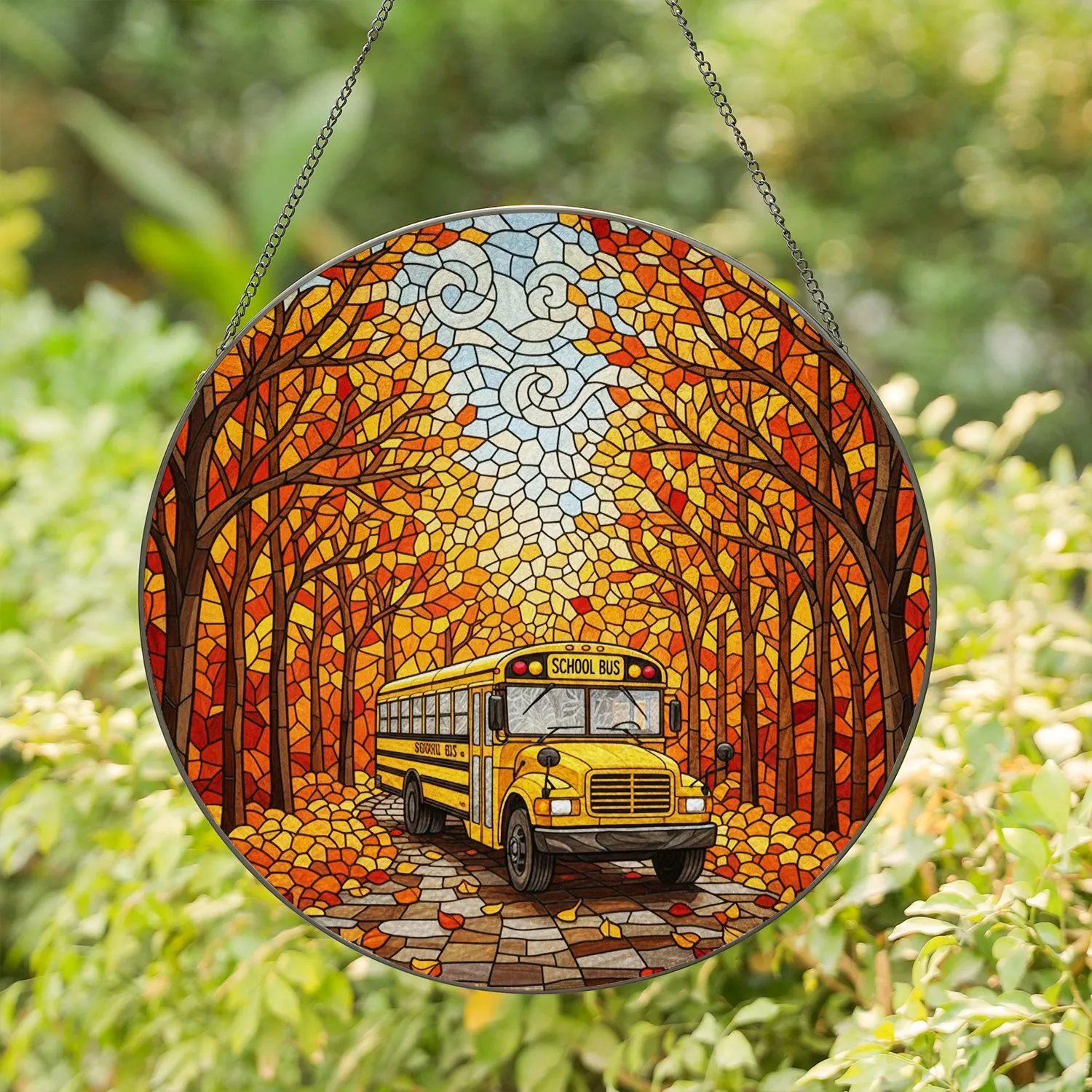 Bright Yellow School Bus Autumn Road Forest Canopy Fallen Leaves - Autumn Home Decor Gift Stained Glass Suncatcher - 1
