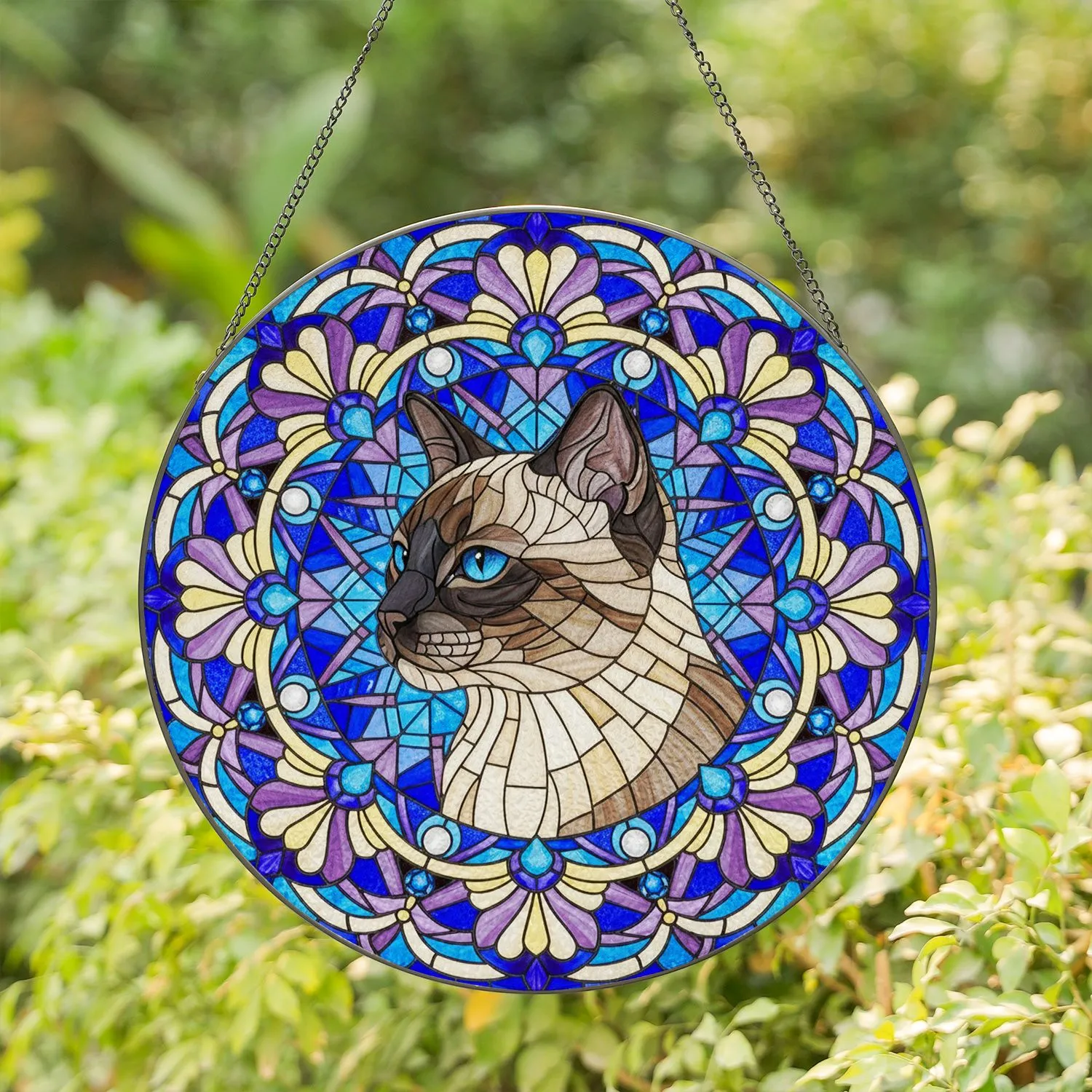 Siamese Cat Circular Frame Floral Beads Geometric Mosaic - Home Decor Cat Lover Gift Stained Glass Suncatcher - 1