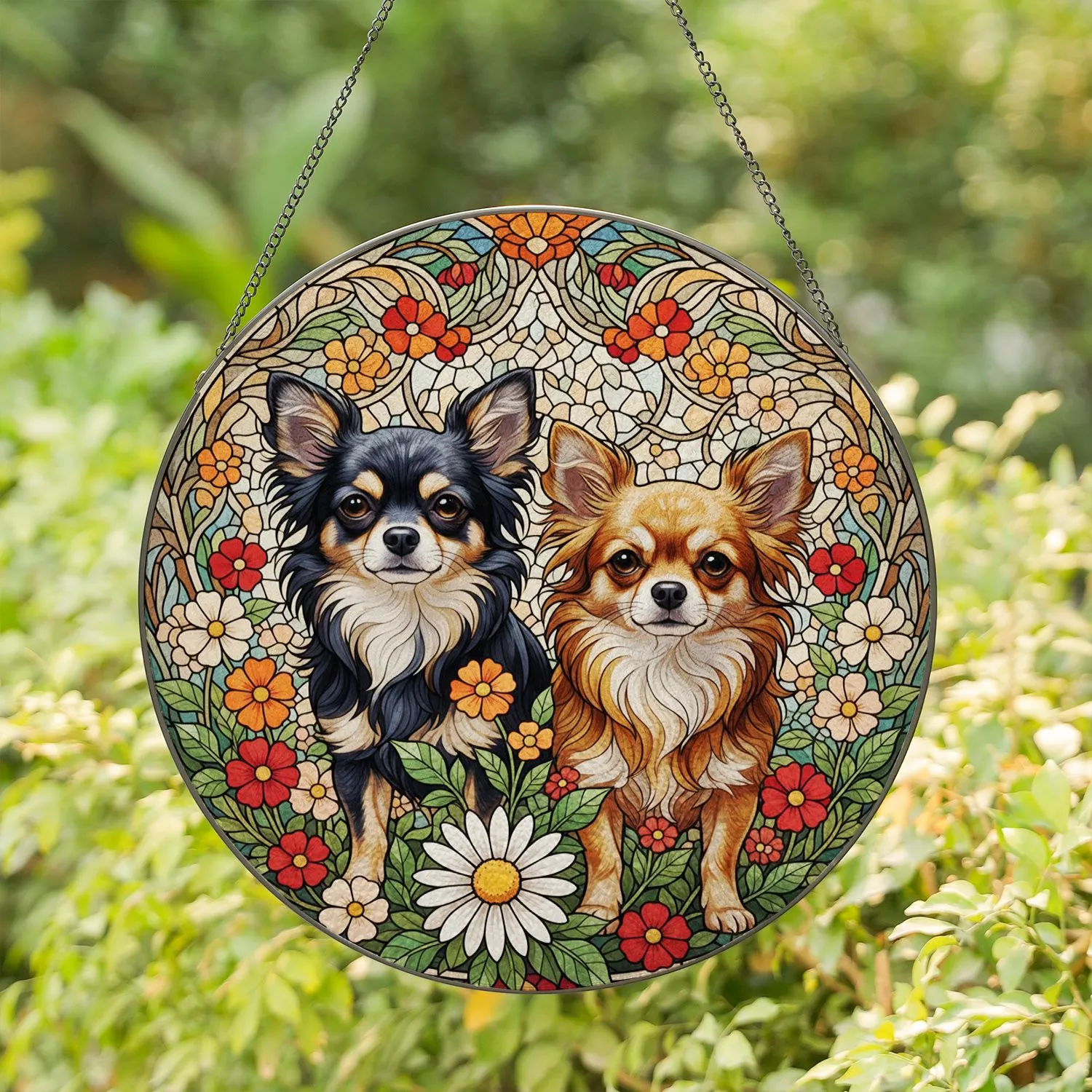 Long-Haired Chihuahua Dogs Daisy Blossom - Home Decor Gift for Dog Lovers Stained Glass Suncatcher - 1