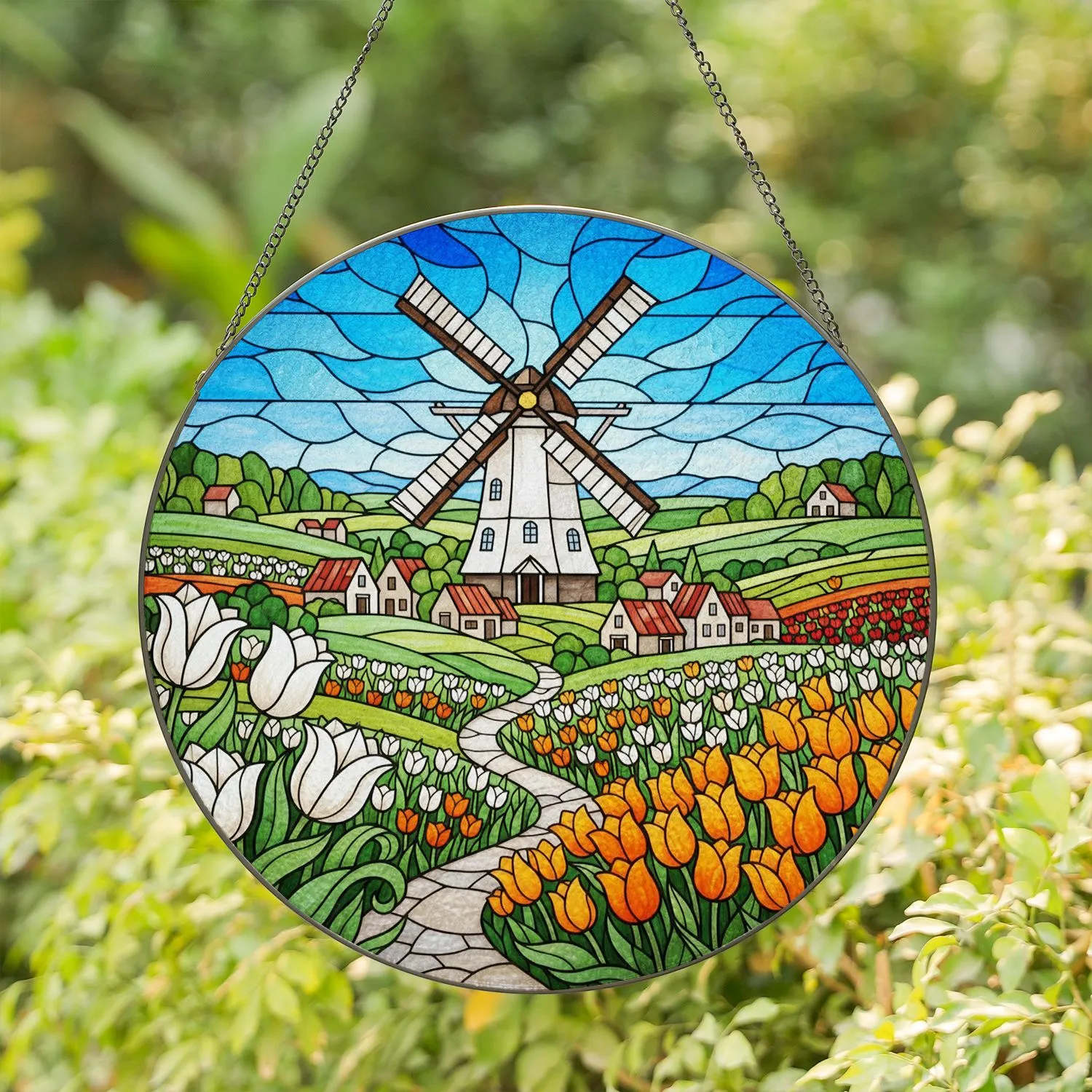 Traditional White Dutch Windmill Tulips Village Rural Landscape Blue Sky - Home Decor Gift Stained Glass Suncatcher - 1