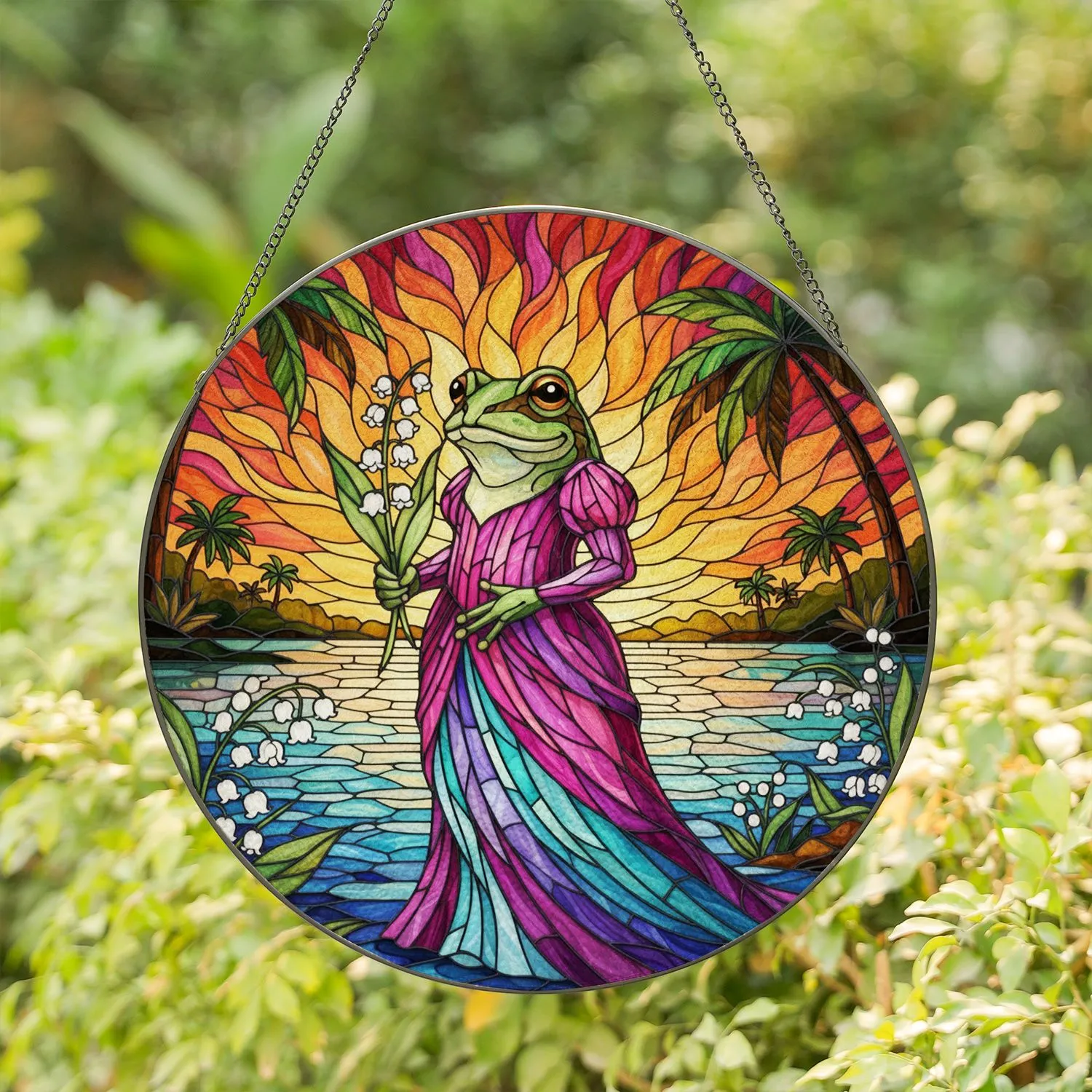 Elegant Frog Lily-of-the-Valley Tropical Sunset Palm Fronds Home Decor Gift Stained Glass Suncatcher - 1