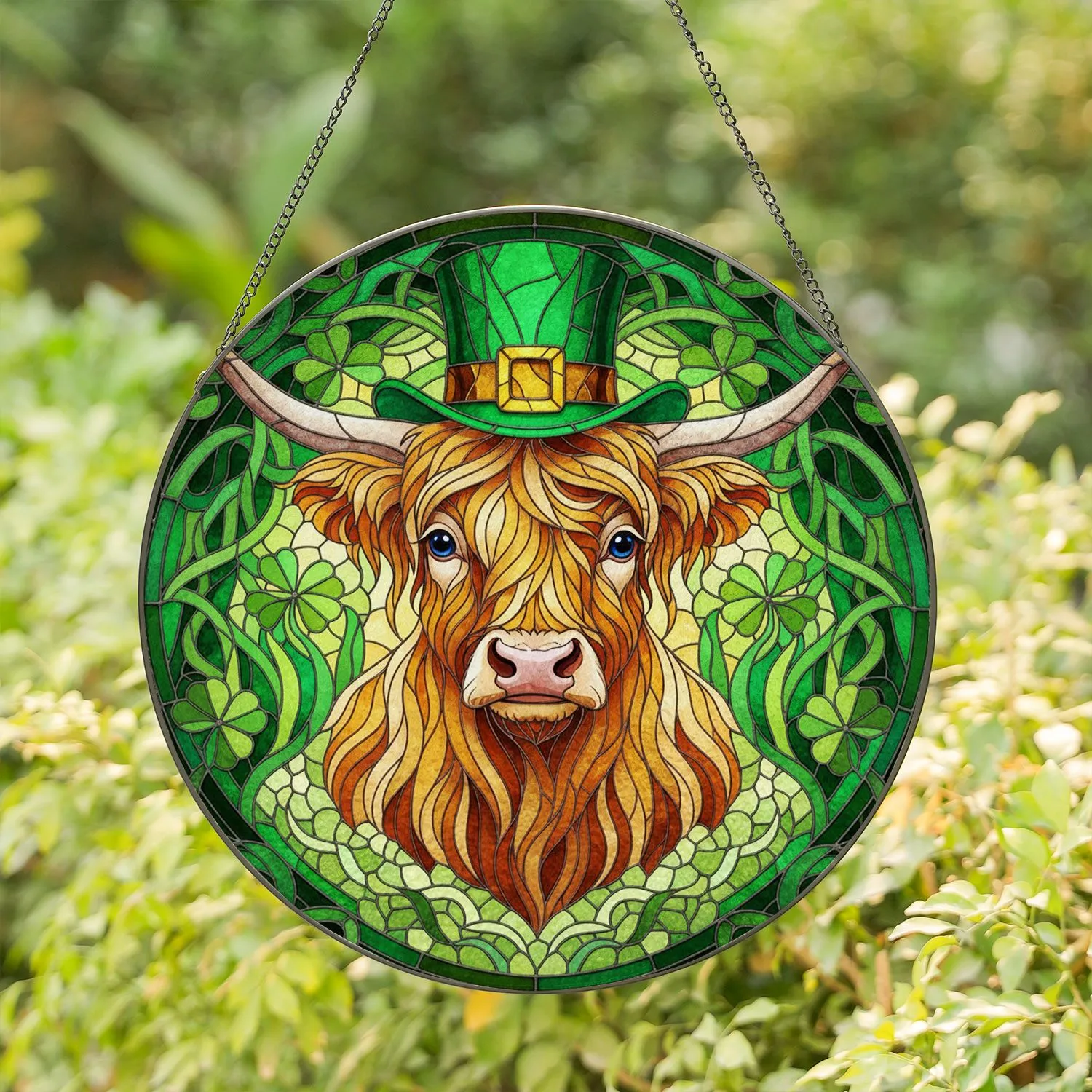 Highland Cow Leprechaun Hat Celtic Shamrocks - St. Patrick's Day Gift for Cow Lover Stained Glass Suncatcher - 1