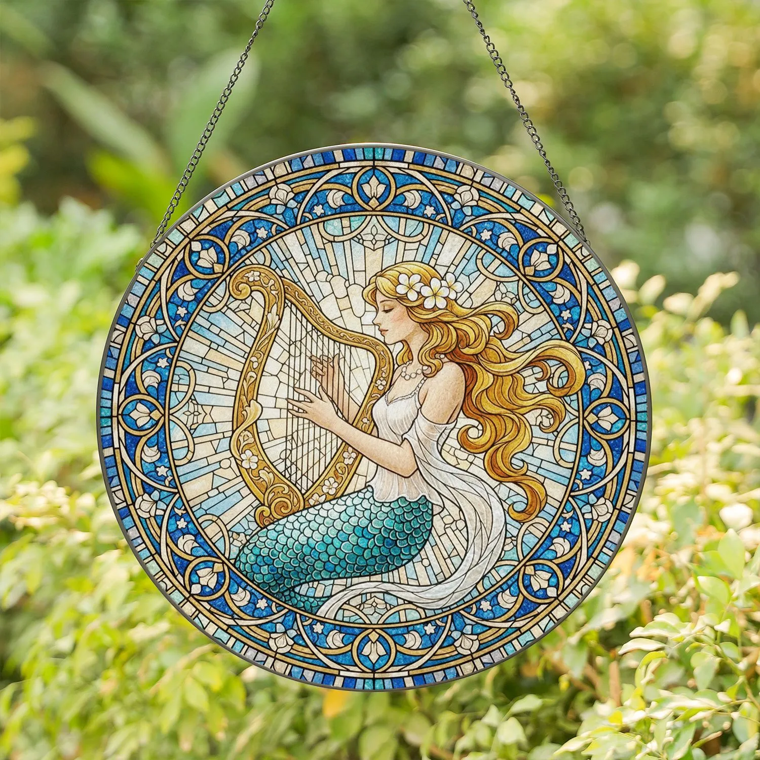 Mermaid Golden Harp Filigree Border Celestial Swirling Water - Home Decor Gift Stained Glass Suncatcher - 1