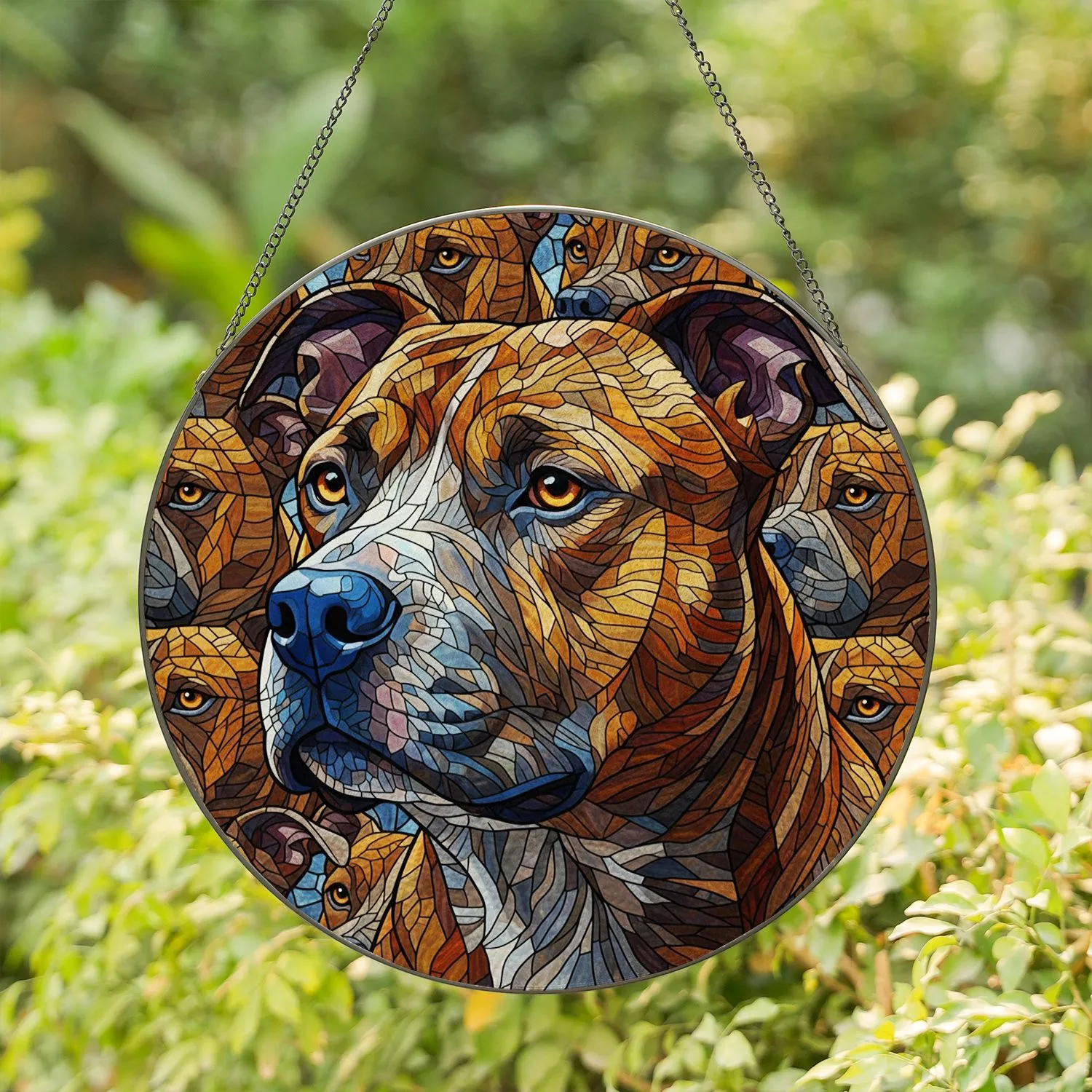 Glowing Head Stained Glass Mosaic Pitbull Dog Portrait - Dog Lover Home Decor Gift Stained Glass Suncatcher - 1