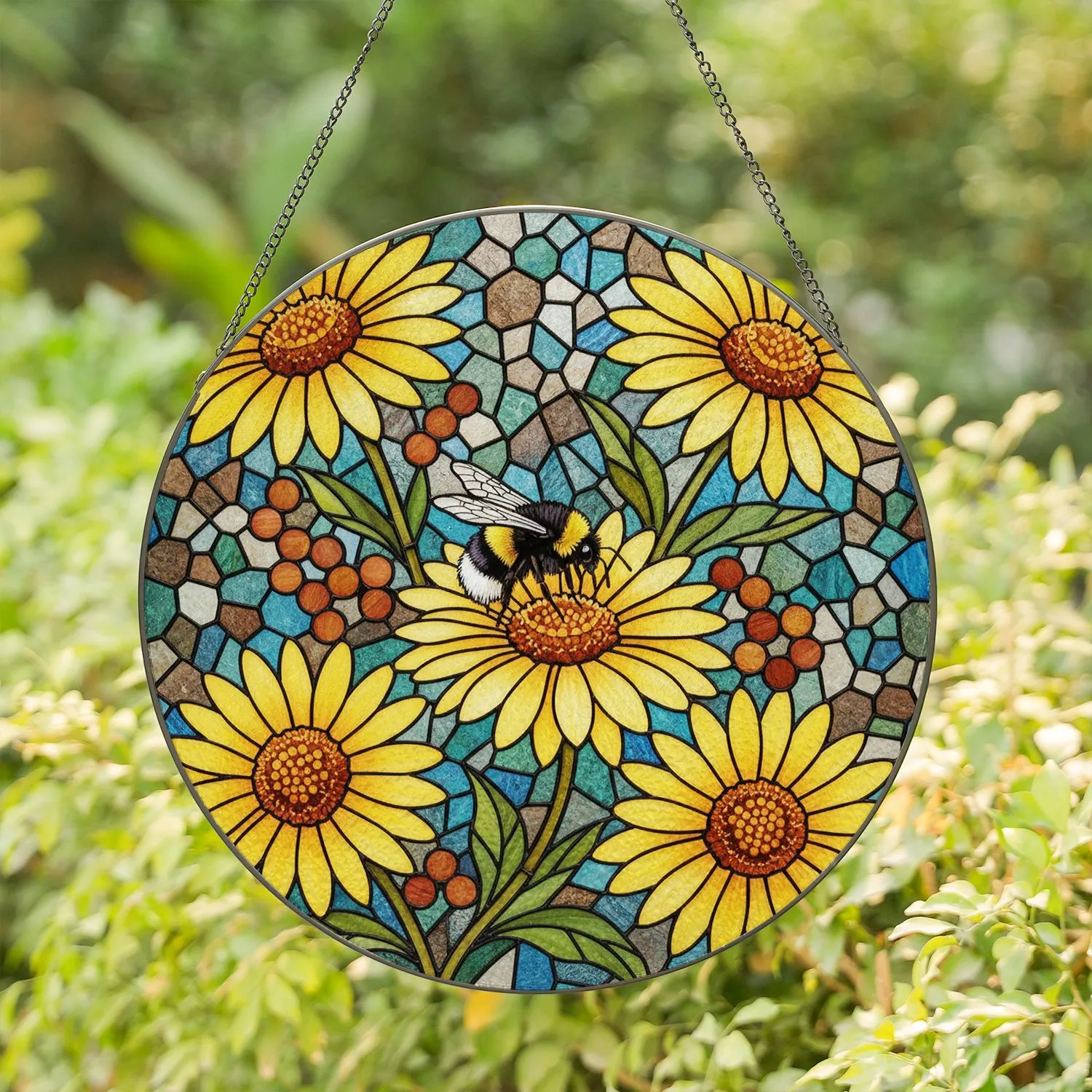 Fuzzy Bumblebee Yellow Daisy Flowers Berries Home Decor Gift for Wildlife Lovers Stained Glass Suncatcher - 1