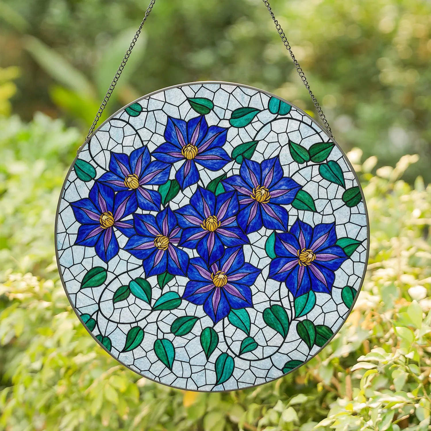 Jewel Tone Clematis Flowers Stained Glass Mosaic - Home Decor Gift for Plant Lover Stained Glass Suncatcher - 1