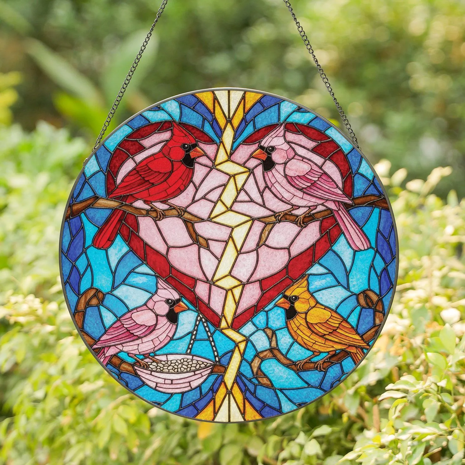 Tiffany Stained Glass Heart Cardinal Birds Mosaic - Wildlife Lover Home Decor Gift Stained Glass Suncatcher - 1