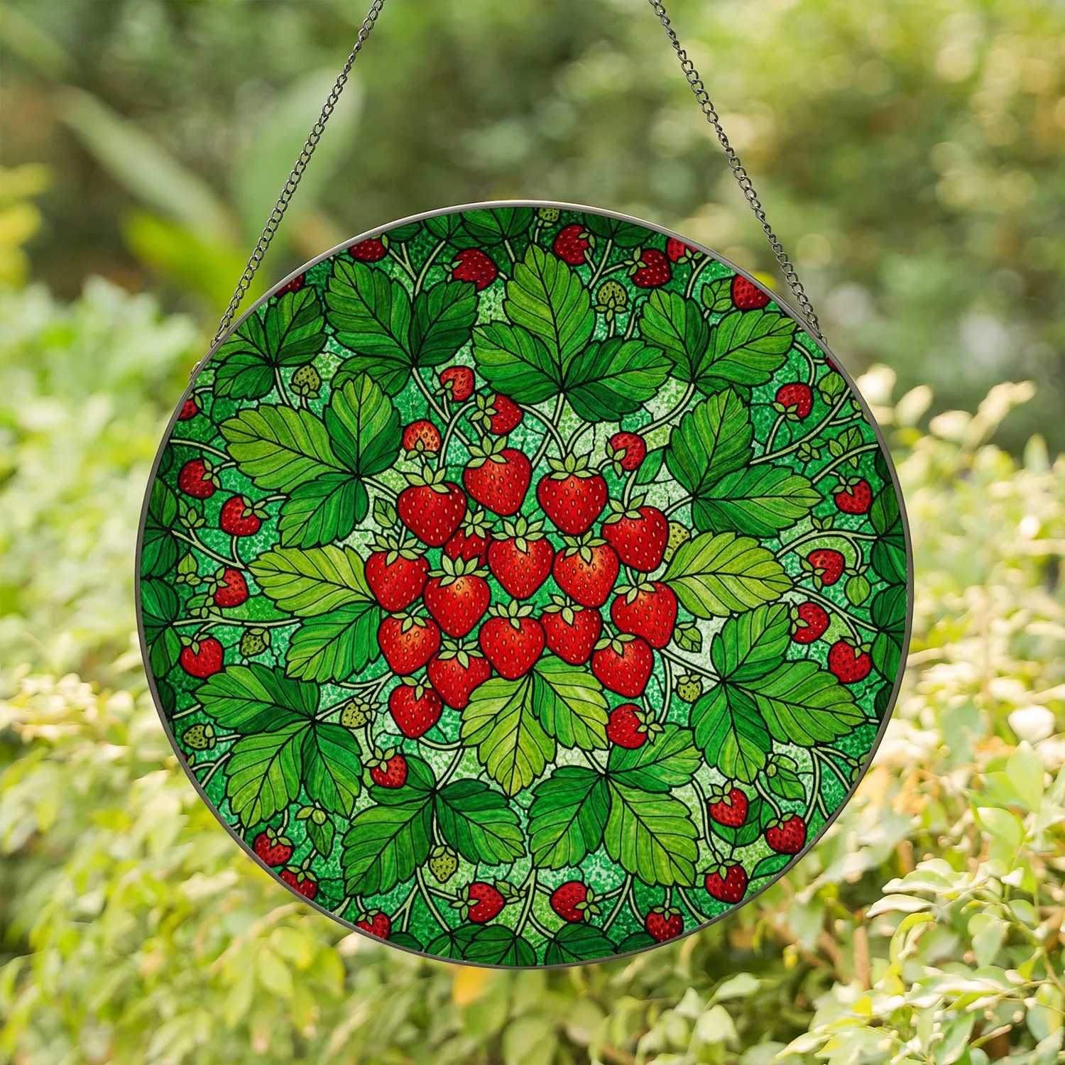 Bountiful Strawberry Leaf Mosaic Stained Glass - Home Decor Gift for Gardener Stained Glass Suncatcher - 1