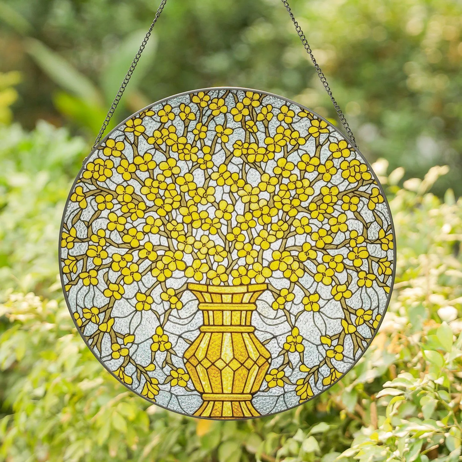 Golden Faceted Vase Delicate Flowering Branches Floral Mosaic - Home Decor Gift Stained Glass Suncatcher - 1