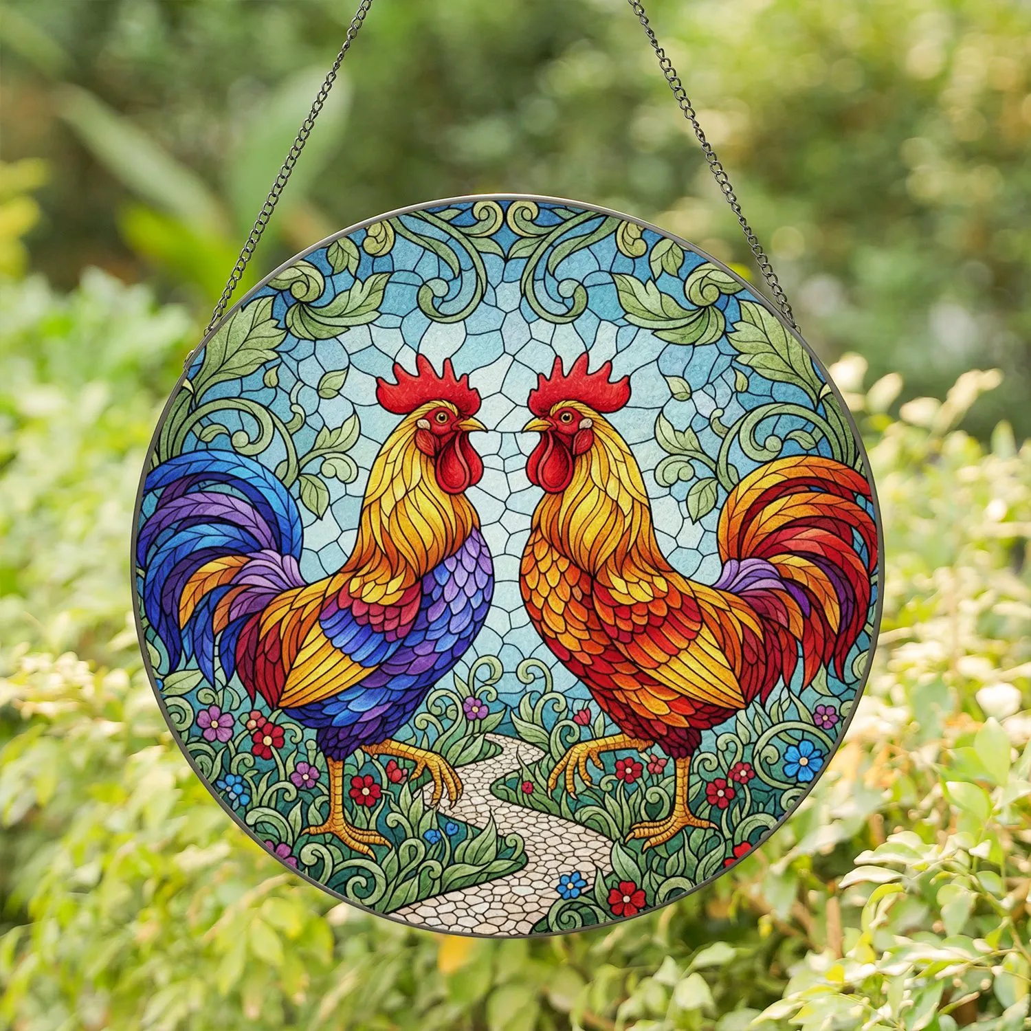 Majestic Roosters Wildflower Stained Glass Tiffany Home Decor Gift for Rooster Lover Stained Glass Suncatcher - 1