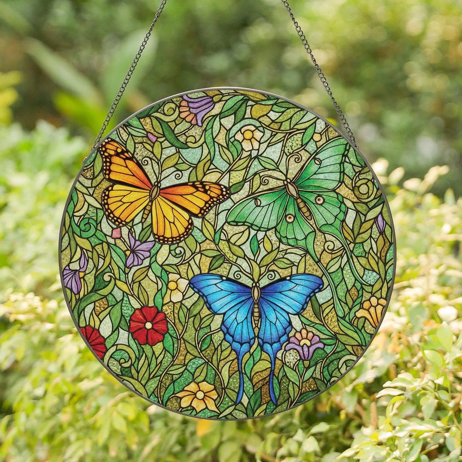 Monarch Luna Morpho Butterfly Stained Glass Garden - Home Decor Gift for Insect Lover Stained Glass Suncatcher - 1