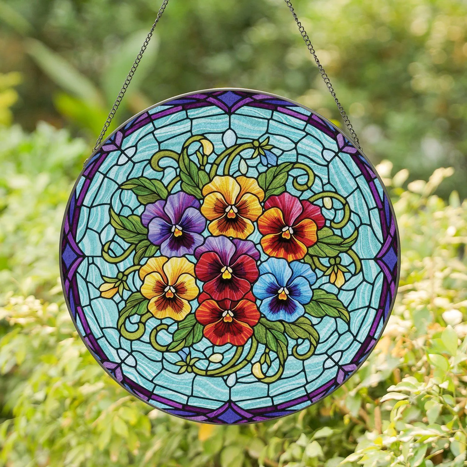 Circular Pansies Leaves Stems Buds Floral Bouquet - Home Decor Gift for Gardeners Stained Glass Suncatcher - 1