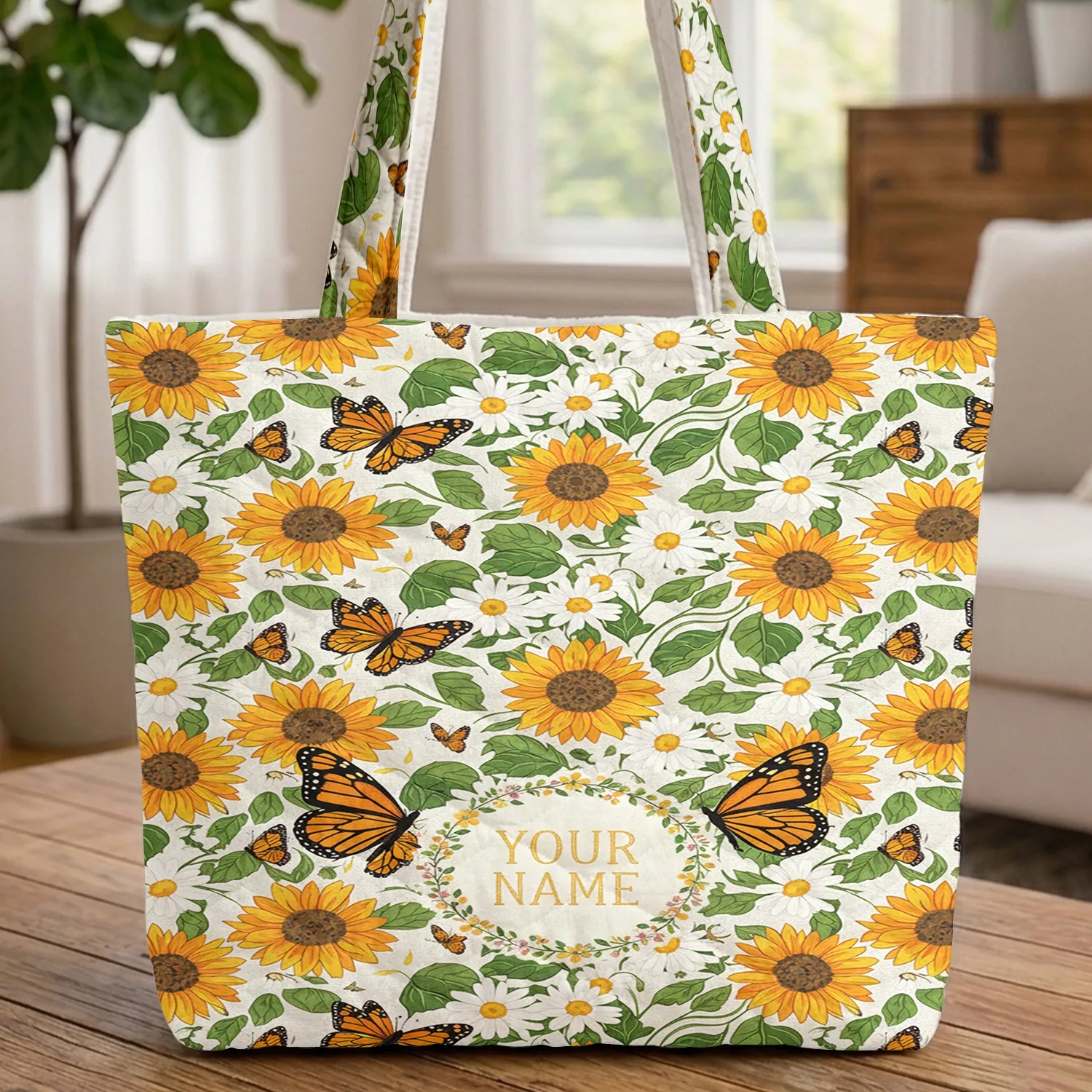 Monarch Butterflies Sunflower Daisy Floral Wreath Everyday Carry Gift Quilted Tote Bag - 1