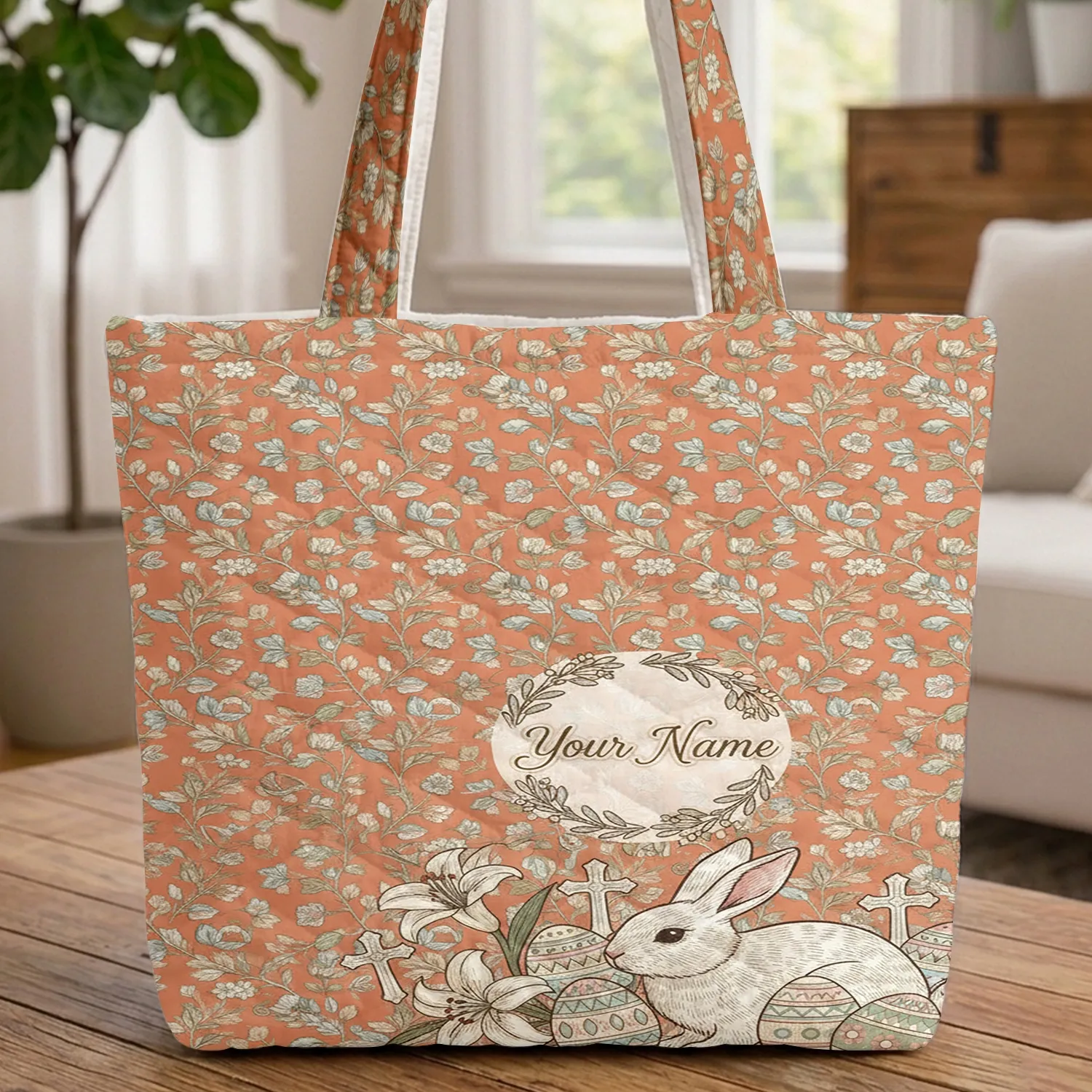 White Bunny Easter Lilies Decorated Eggs Floral Vines - Easter Gift Quilted Tote Bag - 1