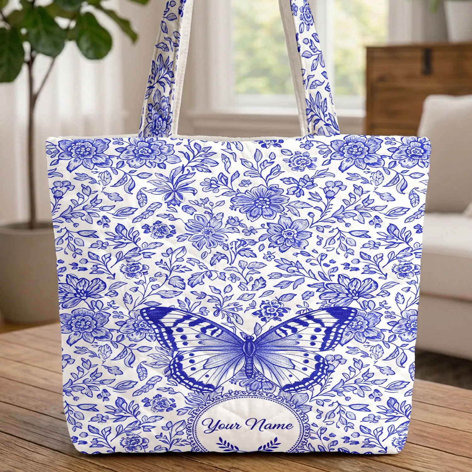 Ornate Butterfly Blue Floral Medallion Laurel Sprig - Everyday Carry Gift Quilted Tote Bag - 1