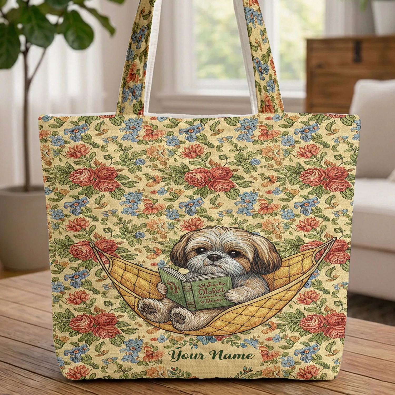 Shih Tzu Dog Reading Book Vintage Floral Tapestry - Dog Lover Gift Quilted Tote Bag - 1