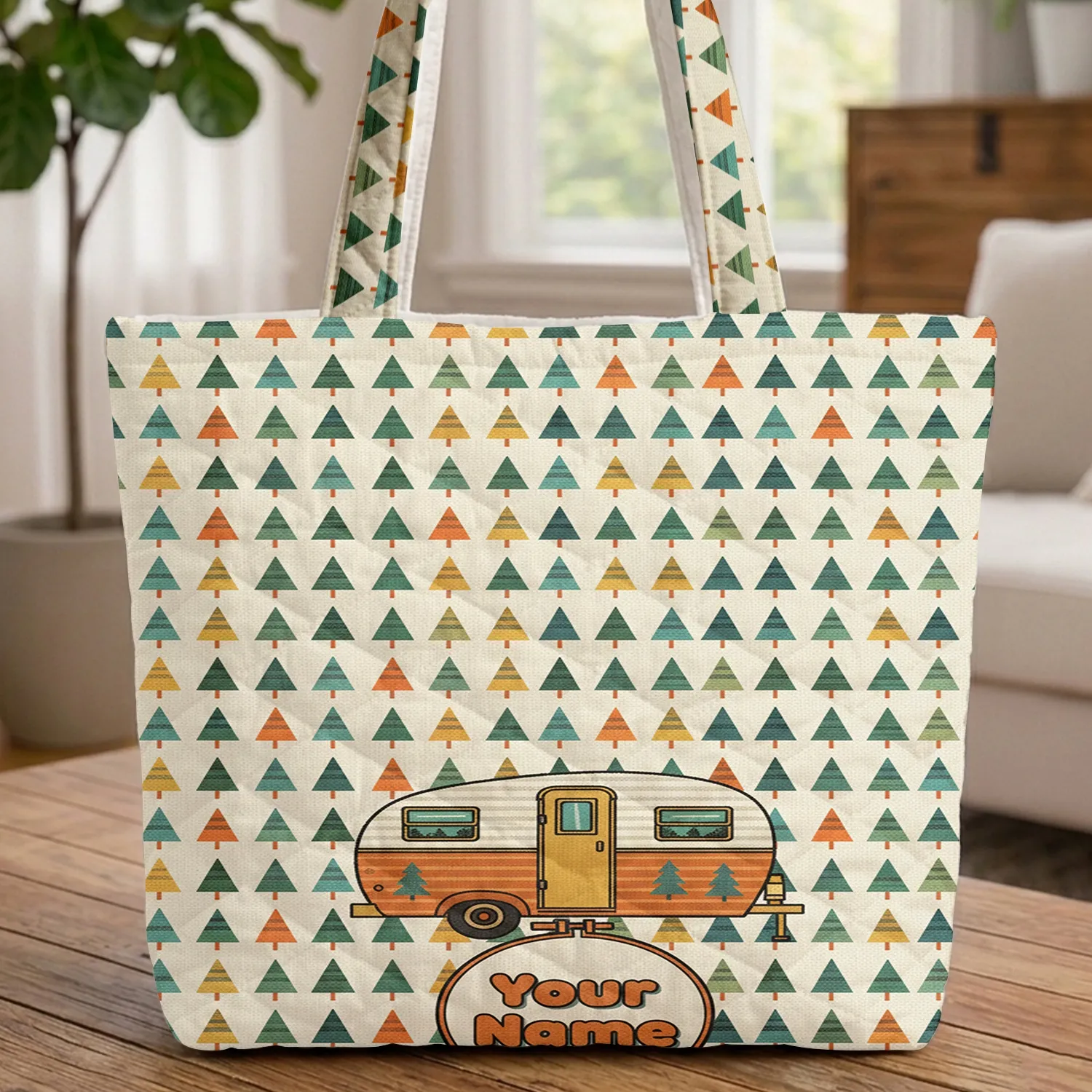 Vintage Travel Trailer Pine Trees Camping Scene - Travel Essentials for Travelers Quilted Tote Bag - 1