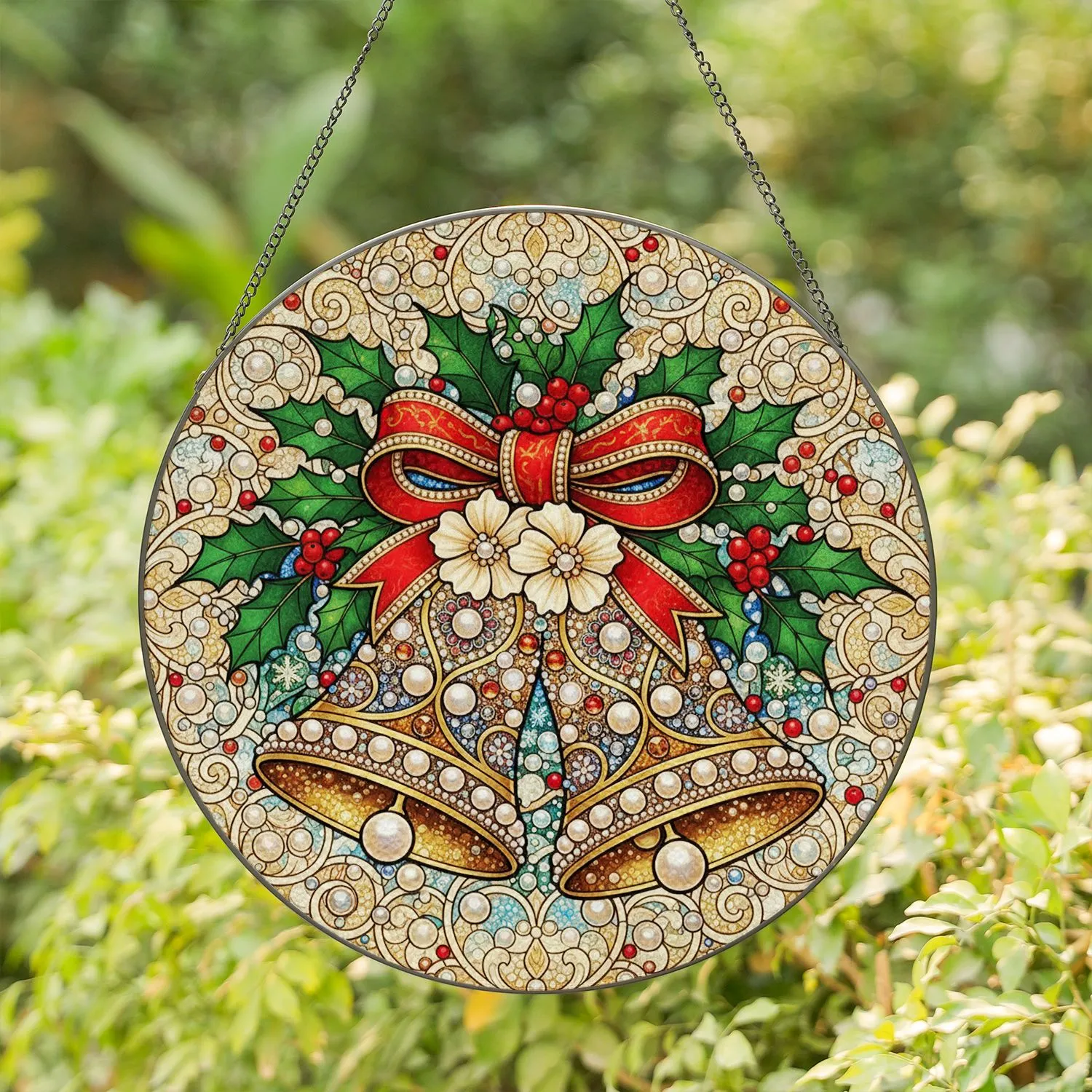 Ornate Golden Christmas Bells Holly Berries Snowflakes - Christmas Home Decor Gift Stained Glass Suncatcher - 1